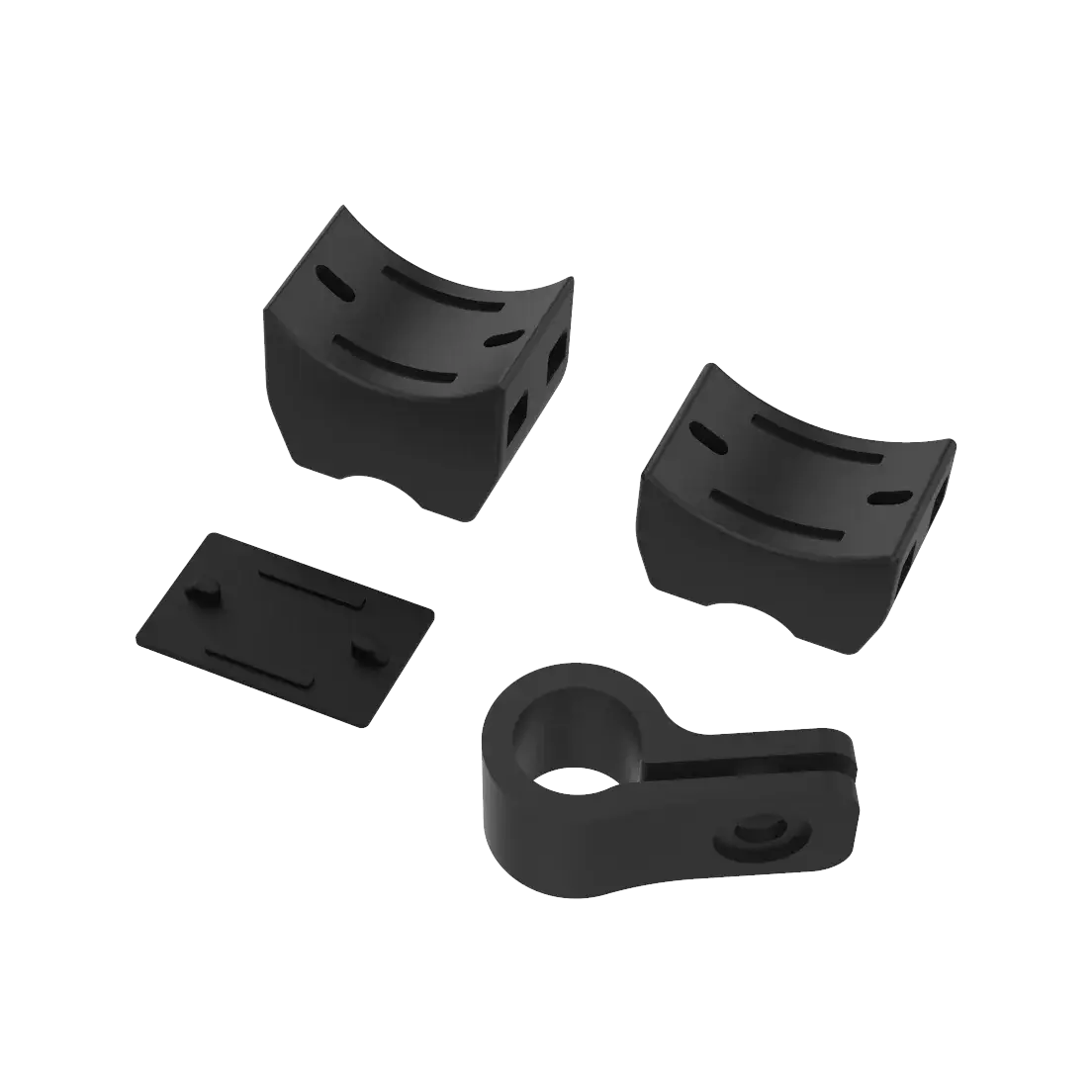 A render of the four printed V2 fork parts in black: two curved clamps, a flat plate with two pins, and a P-shaped cable clip.