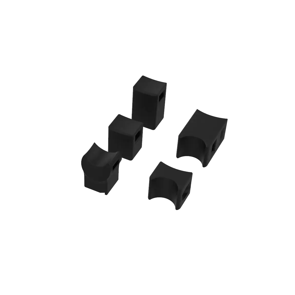 A render of the five printed V2 shock parts in black, each a small block with a differently shaped curved cradle.