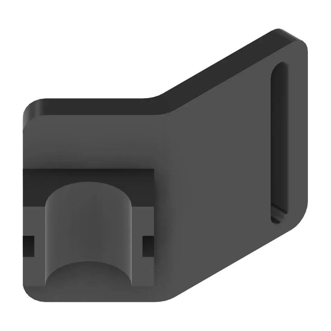 A CAD render of the printed mount alone: an angled dark bracket with a slotted arm on one side and a half-round cradle set into a block on the other.
