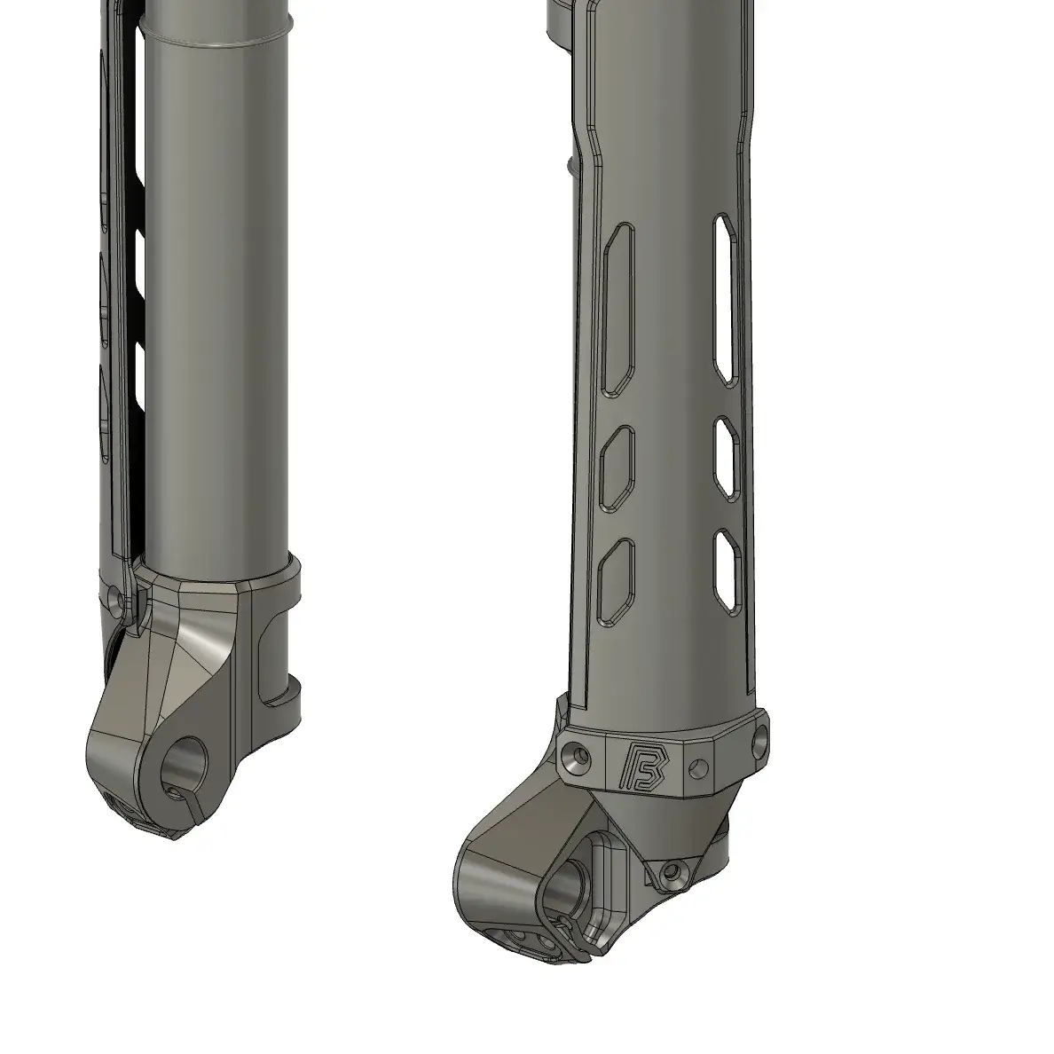 A CAD render of the lower legs of an Intend Black Edge fork, with the Intend mark on the lower crown.