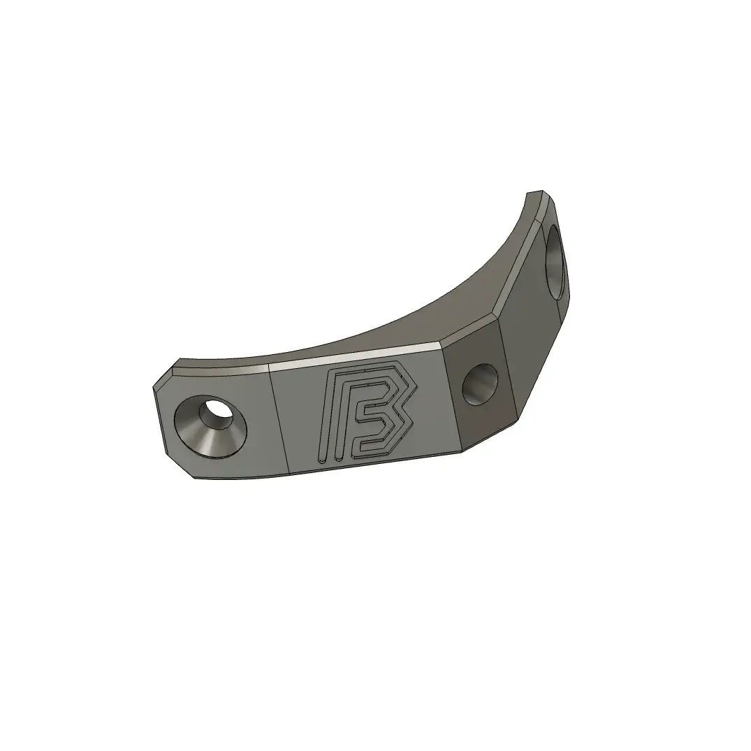 A CAD render of a curved printed bracket carrying the BYB Tech mark, with two countersunk holes.