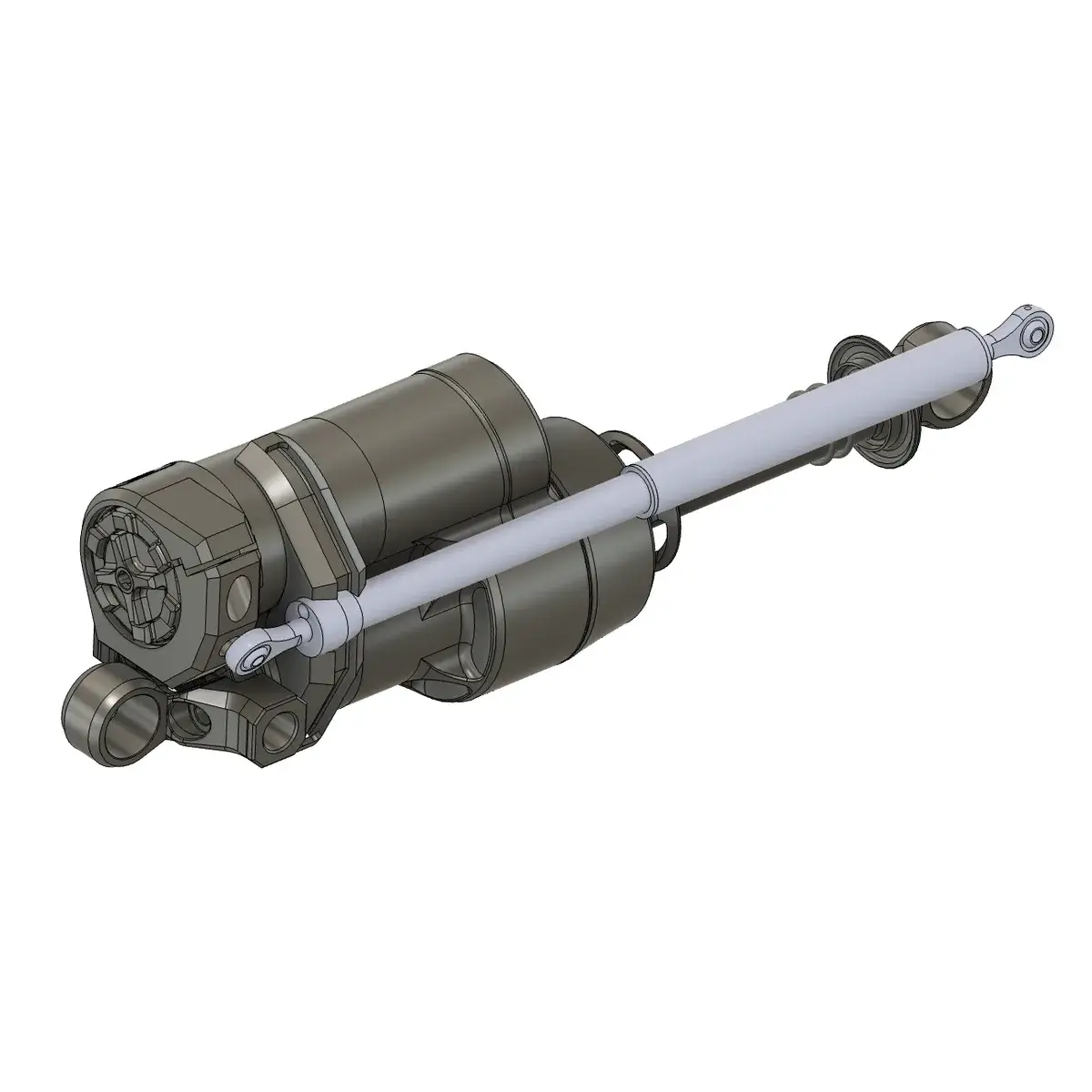 A CAD render of an Intend Hover rear shock with its piggyback reservoir, and the linear sensor mounted alongside it, eyelet to eyelet.