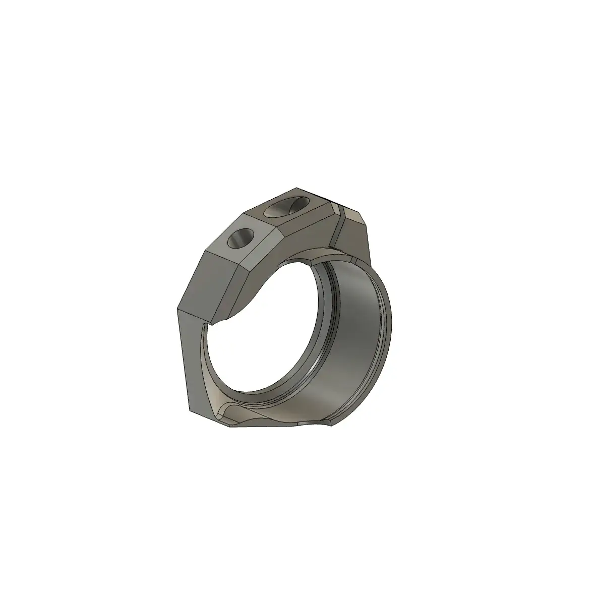 A CAD render of the second printed part: a ring clamp with two bolt holes across the top.
