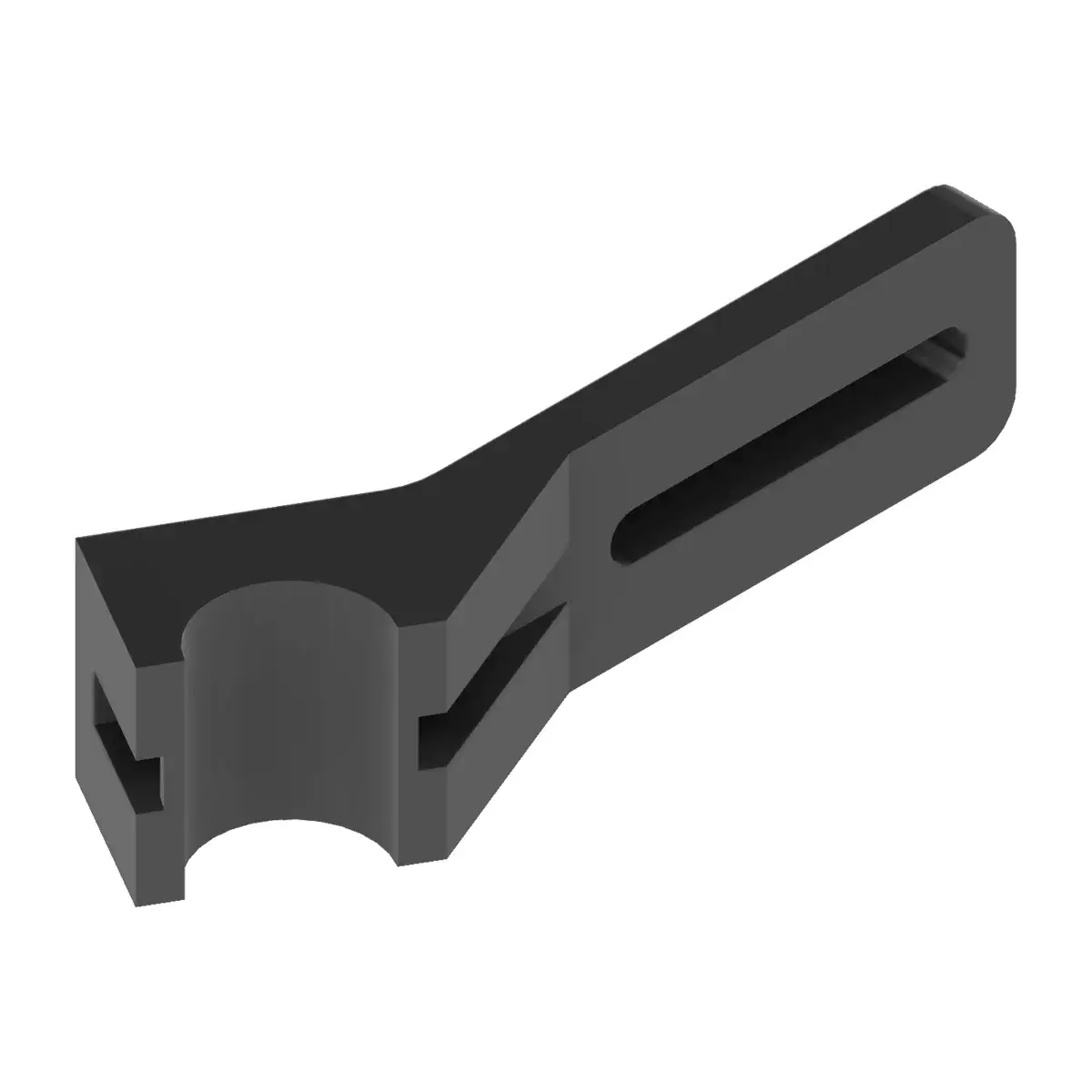 A CAD render of the V1 printed mount: a long dark arm with a slot along its length, ending in a clamp block with a half-round cradle.