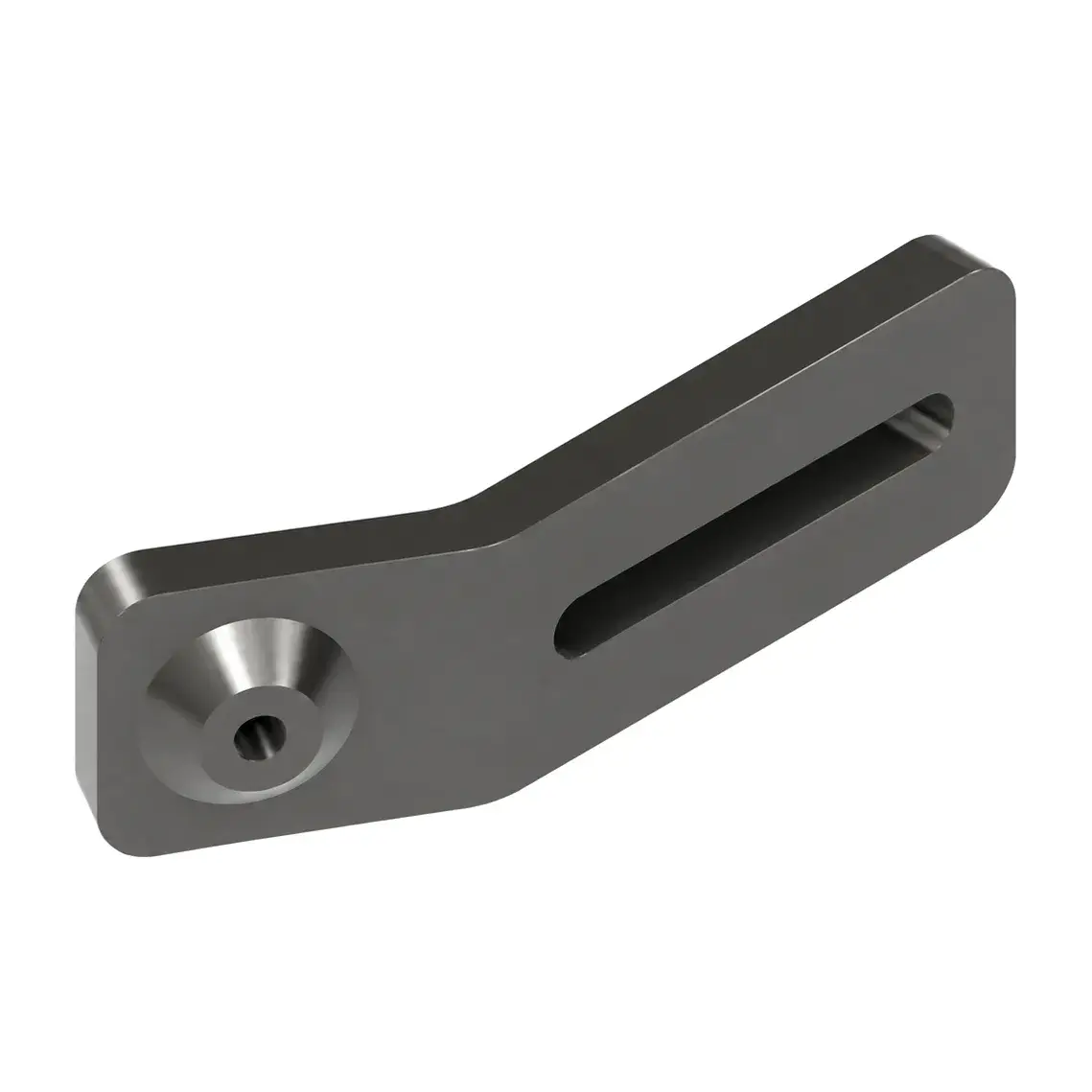 A CAD render of the V2 printed mount: a flat, angled grey arm with a long slot and a countersunk hole at one end.