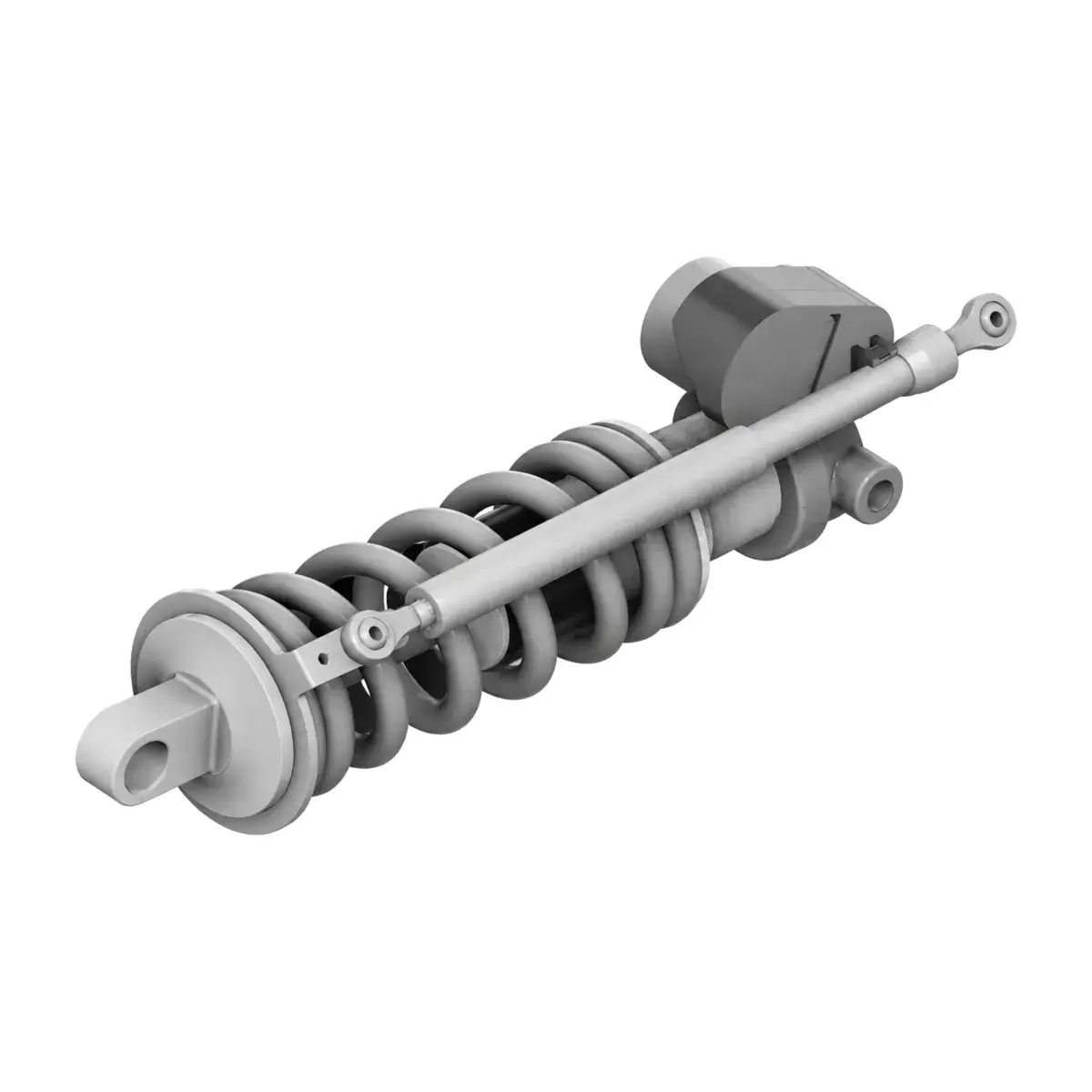 A CAD render of a coil-sprung Öhlins TTX22 M.2 rear shock with a linear sensor mounted alongside it, running the length of the spring up to the shock head.