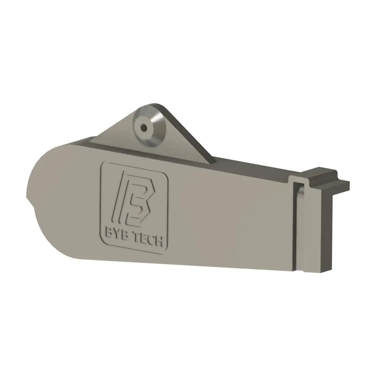 A CAD render of mounting part 1, a long bracket with the BYB Tech mark, a raised mounting eyelet and a groove at one end.