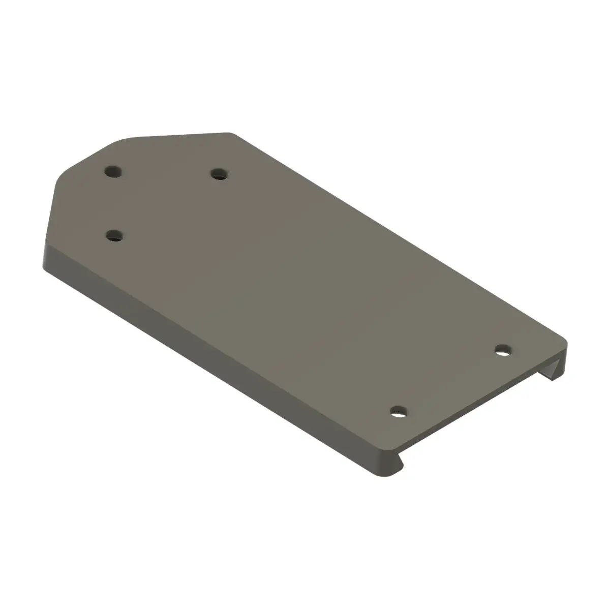 A CAD render of mounting part 3, a flat plate with five mounting holes and a lip along its edges.