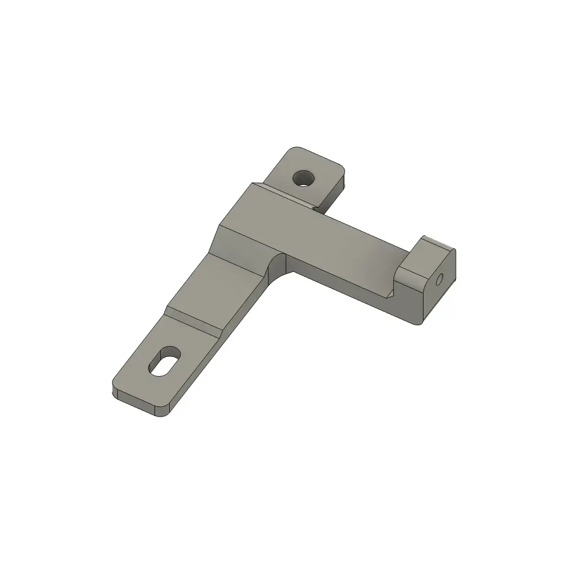 A CAD render of the printed bracket alone: a small T-shaped part with two mounting holes, one round and one slotted.