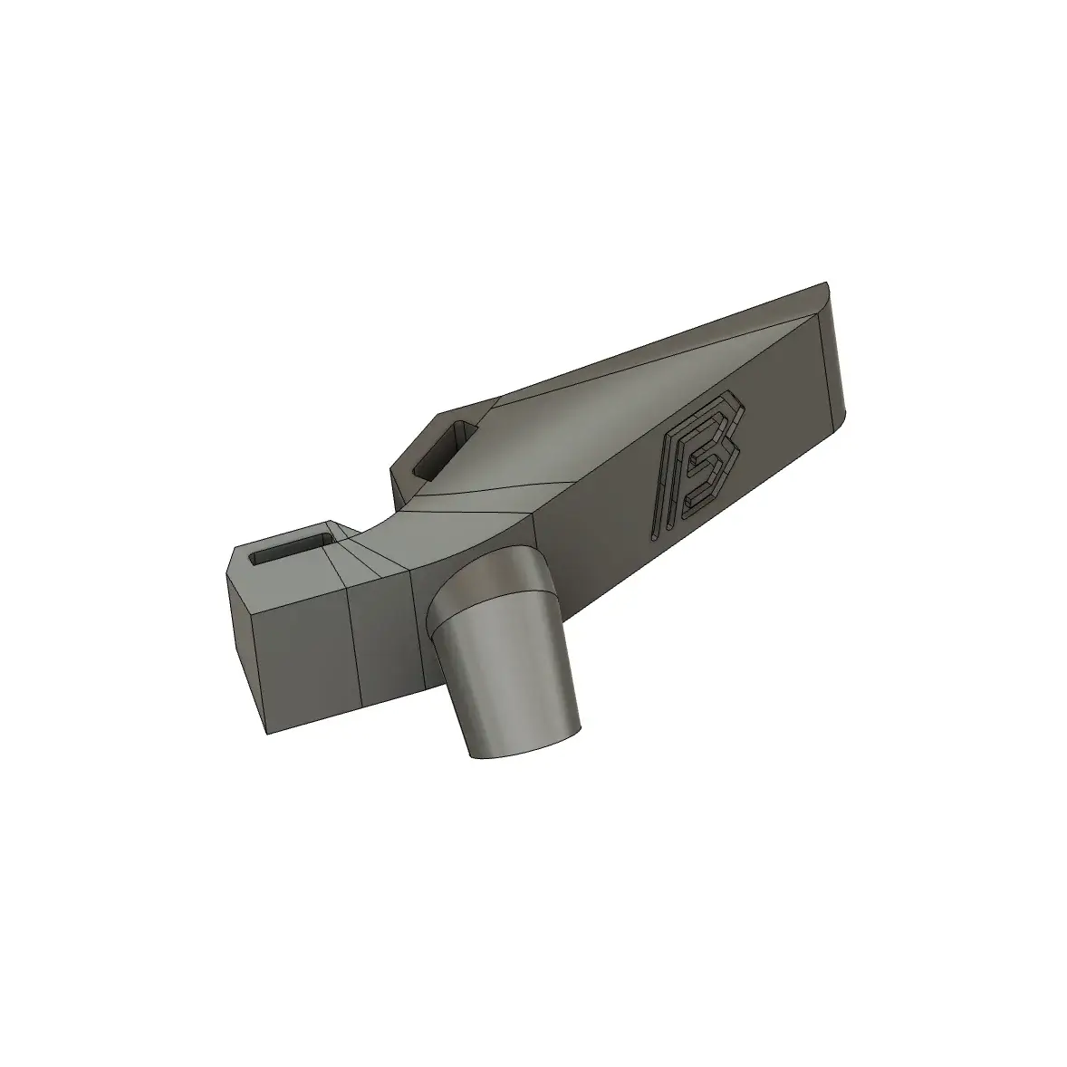 A CAD render of the printed bracket alone: a wedge-shaped body carrying the BYB Tech mark, with a cylindrical boss and two slots.
