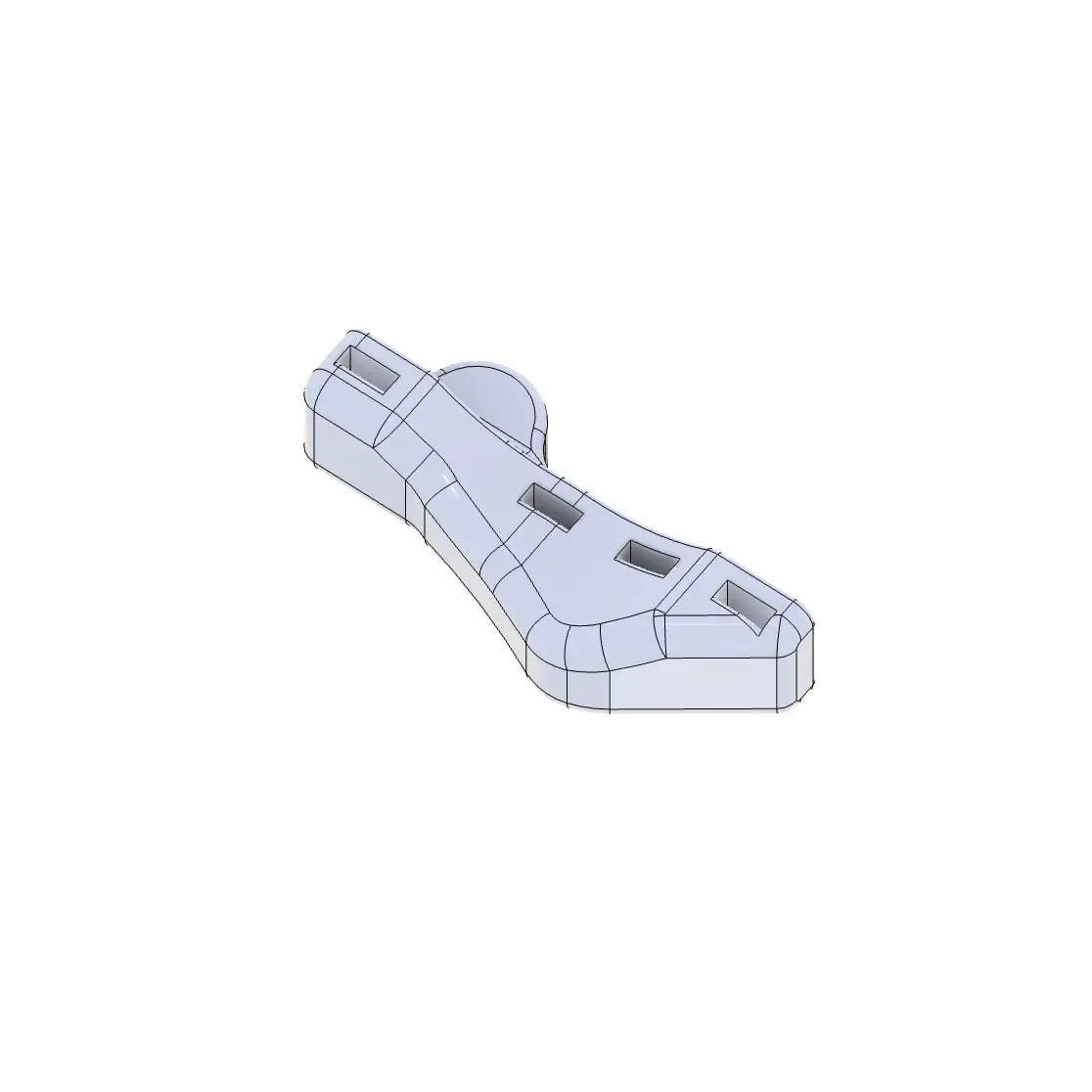 A CAD render of the printed link bracket on its own — a curved arm with four rectangular slots along its length.