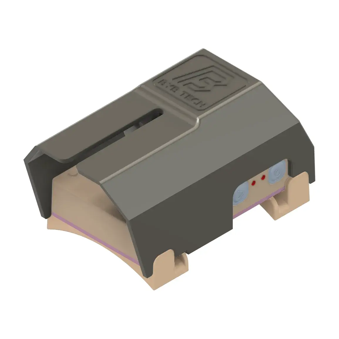 A CAD render of the dark grey printed cover snapped over the acquisition unit, with the BYB Tech mark on top and a long slot along one side. A cut-out at the front leaves the unit’s two buttons and two status lights uncovered.