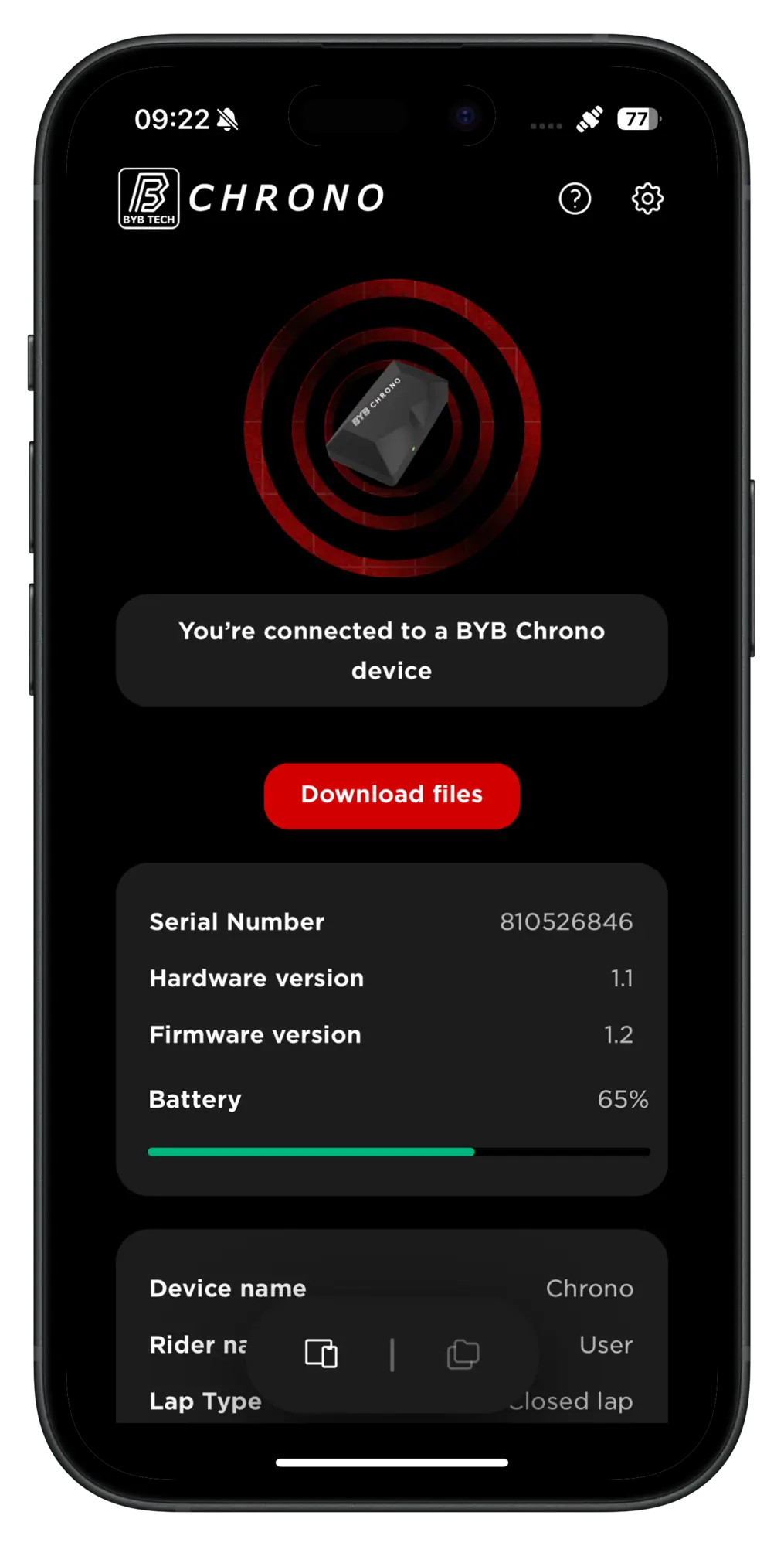 The Chrono app connected to a BYB Chrono device, showing its battery, the device and rider name, and the lap type set for the session.