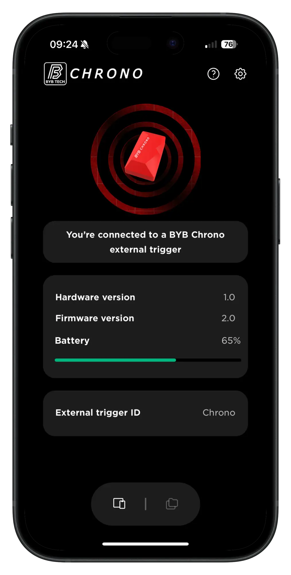 The Chrono app connected to a BYB Chrono external trigger, showing its battery and its external trigger ID.
