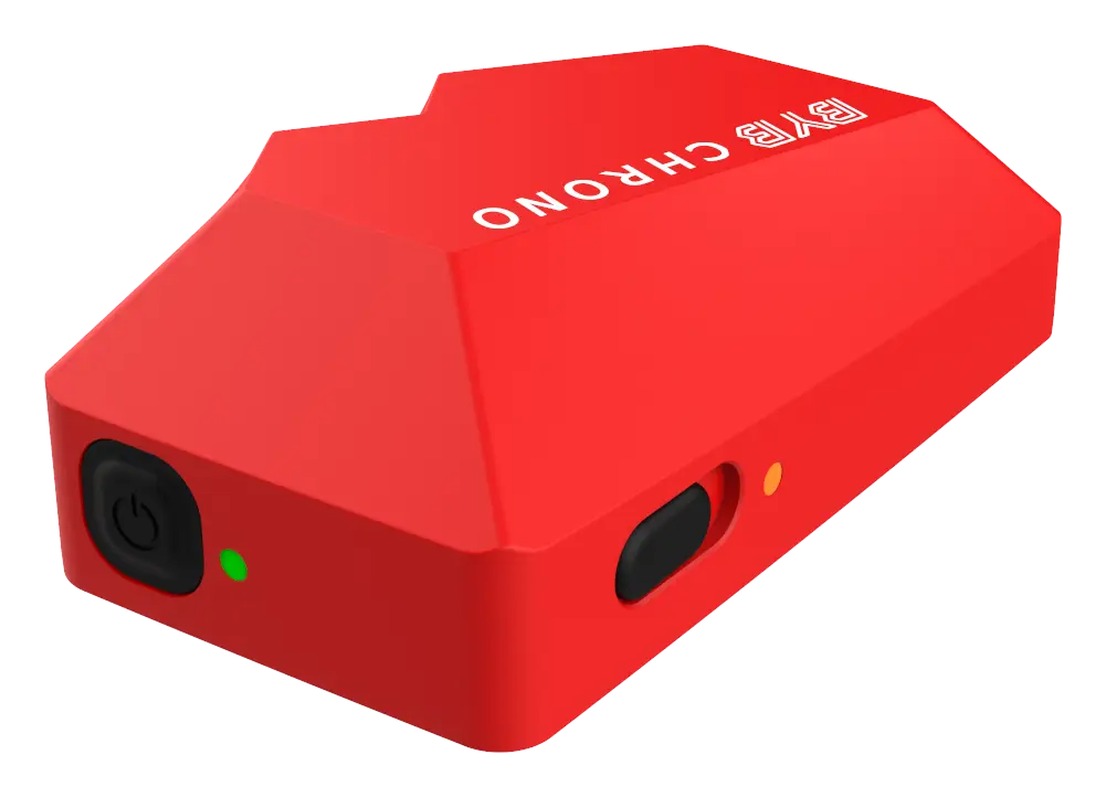 The BYB Chrono external trigger, a red unit with a single button and one status LED.