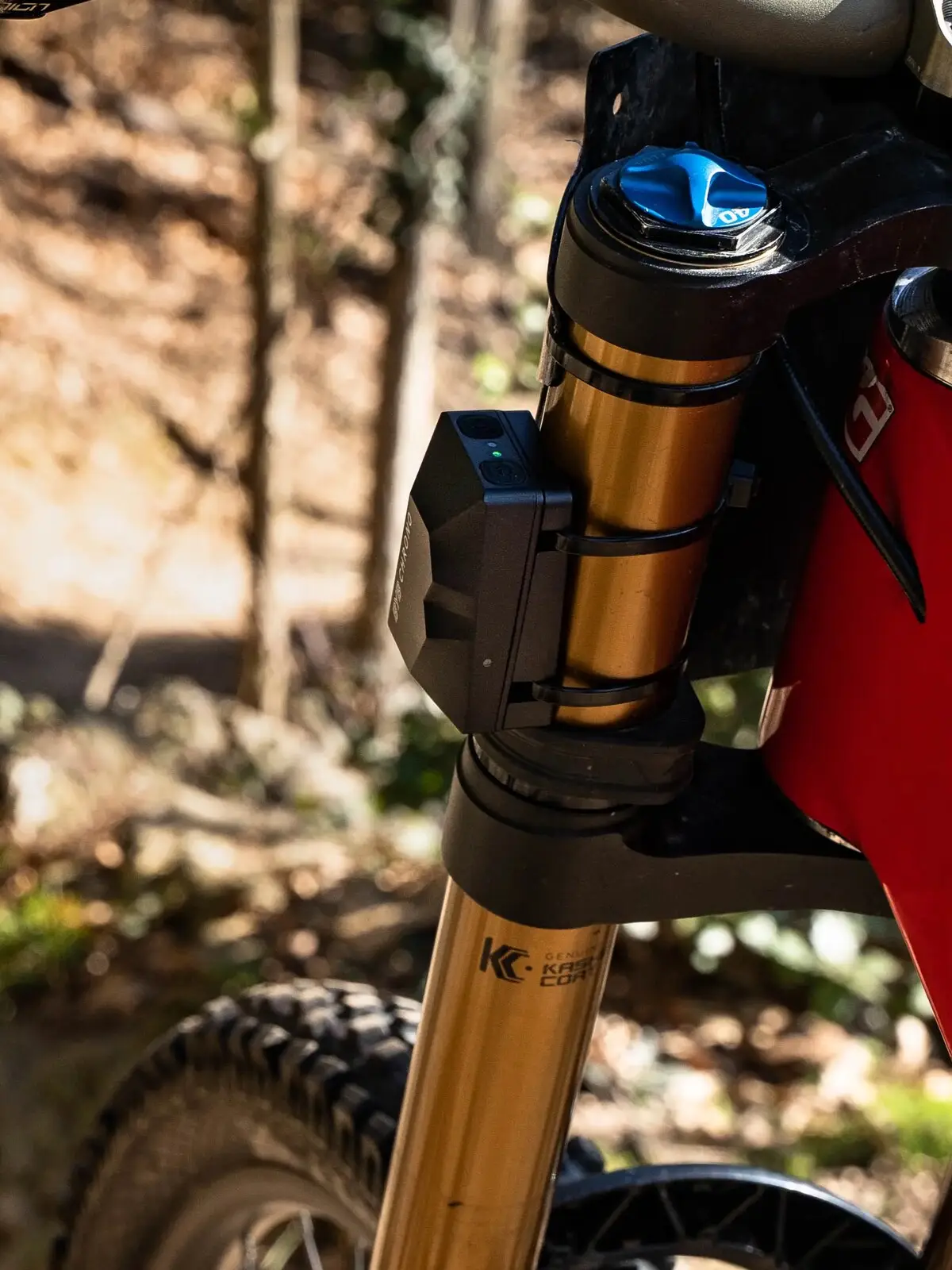 A BYB Chrono mounted on the fork crown of a mountain bike, on the trail.