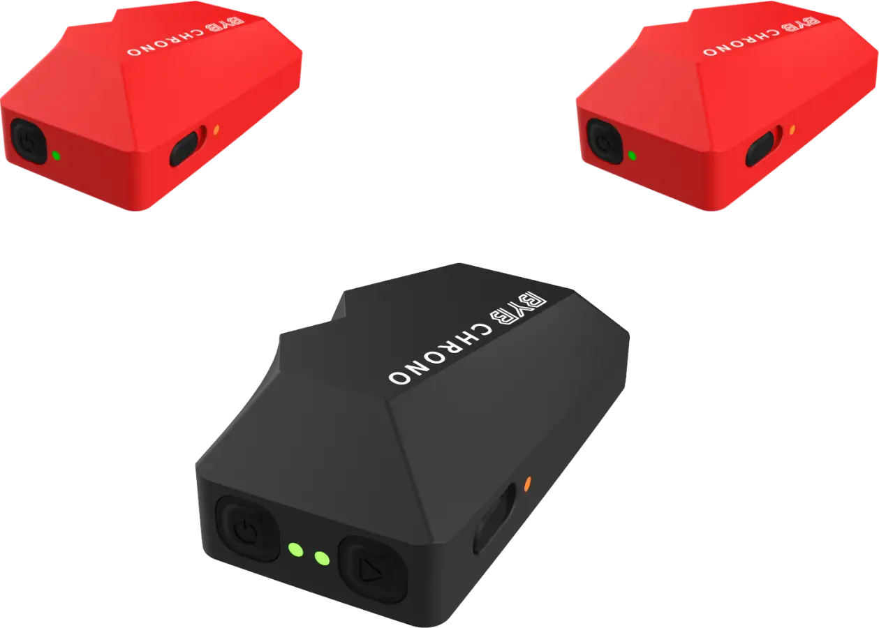 The BYB Chrono unit, showing its power and start buttons, two status LEDs and a USB-C port.