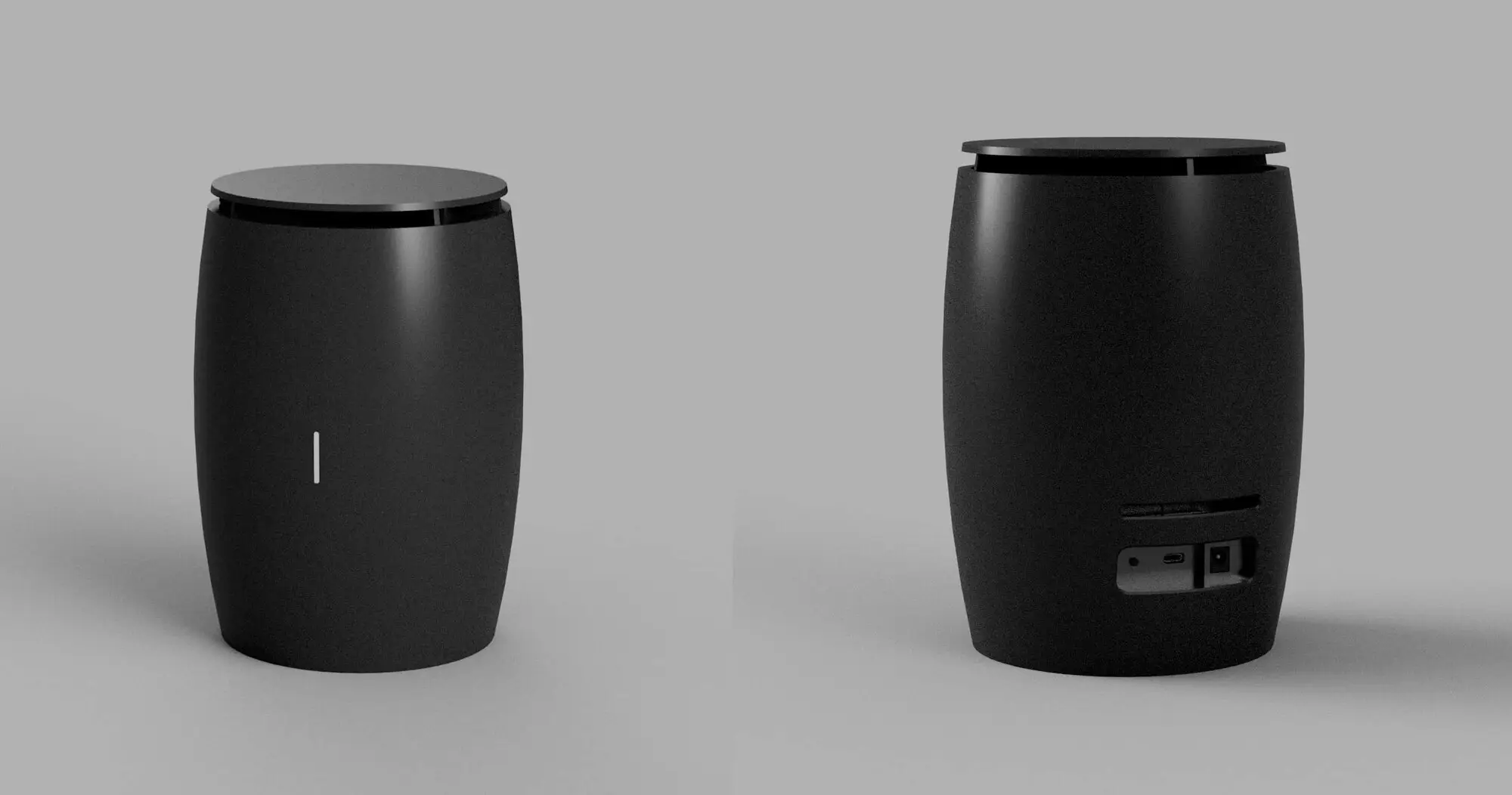 A render of the Industry 4.0 monitoring device enclosure, front and rear: an indicator slot on one face, USB and power connectors on the other.
