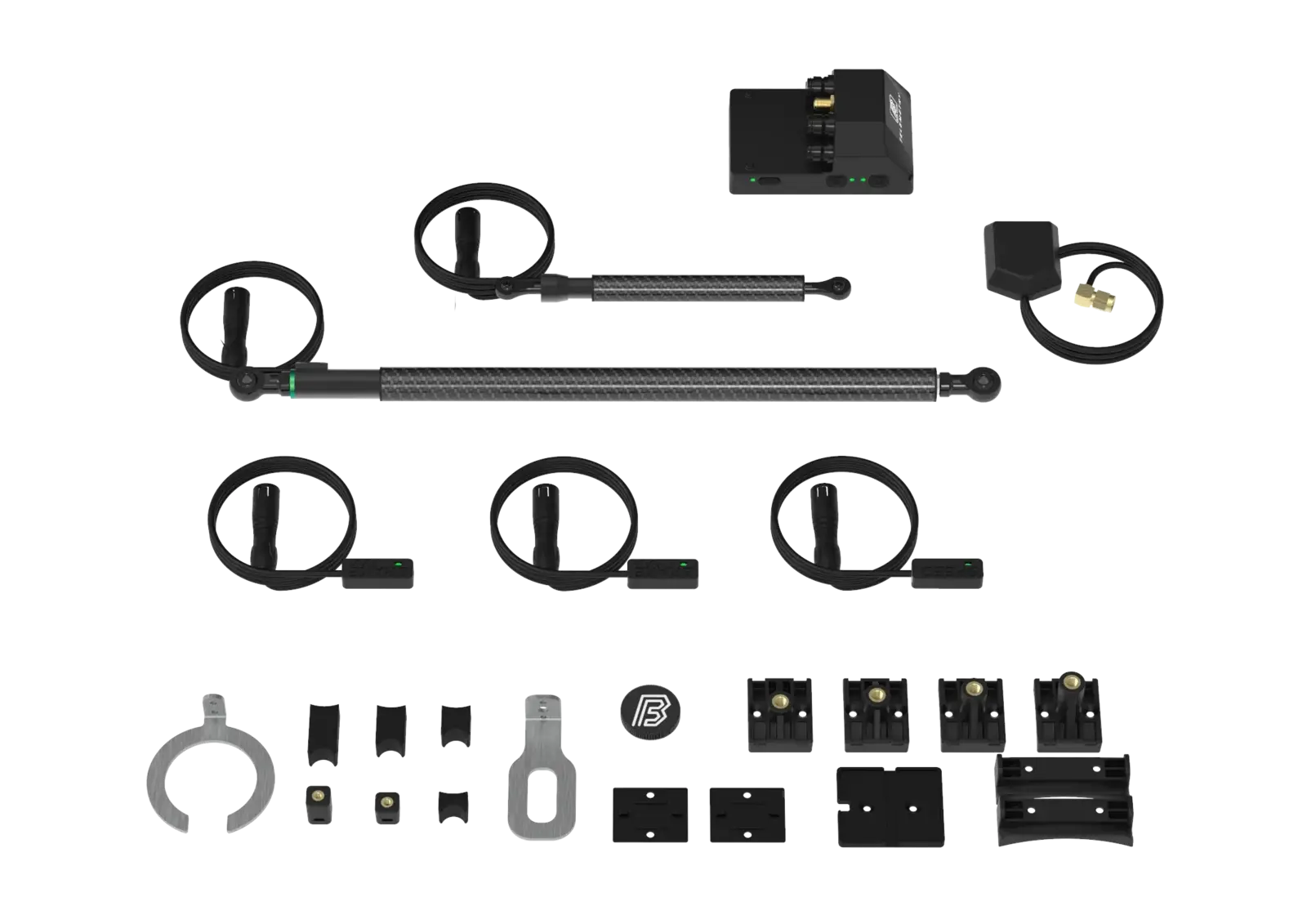 The full Telemetry V3 Pro kit laid out: acquisition unit, fork and shock sensors, brake sensors, wheel speed sensor, GPS antenna and mountings