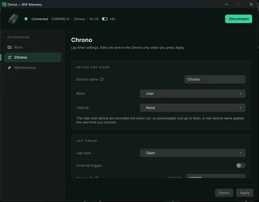 Chrono configuration groups device mode, recording and trigger settings