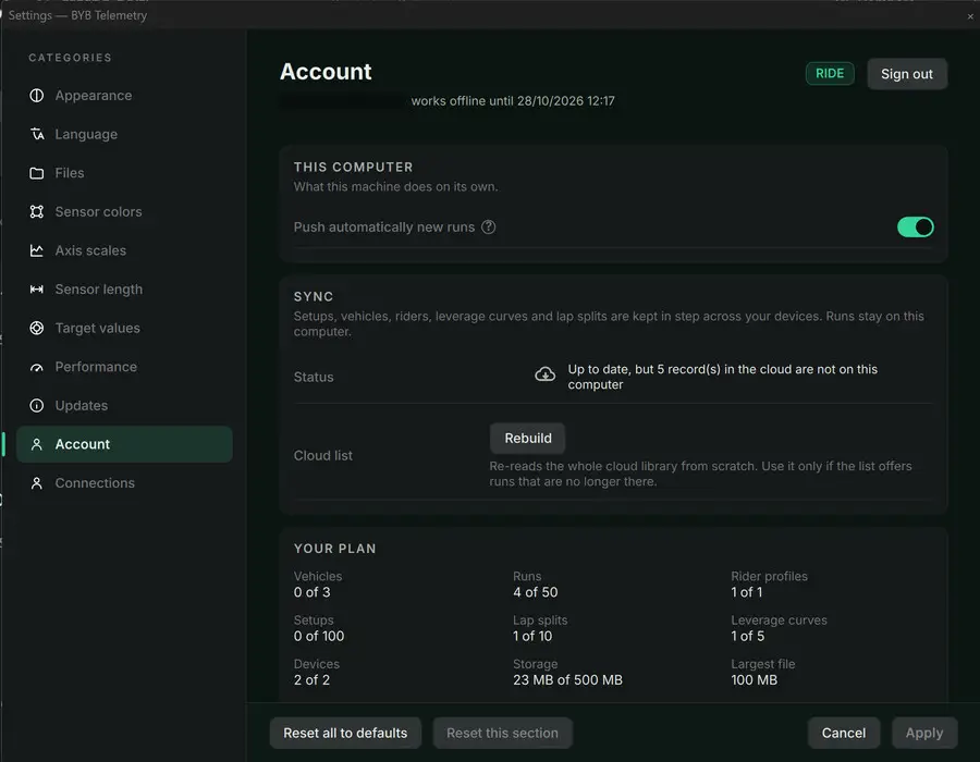 Account shows the active plan, sync state and remaining allowances