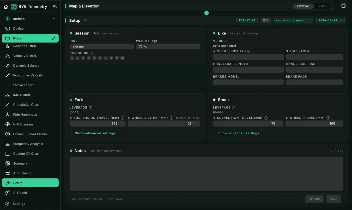 Setup keeps a run’s vehicle, suspension settings and notes together
