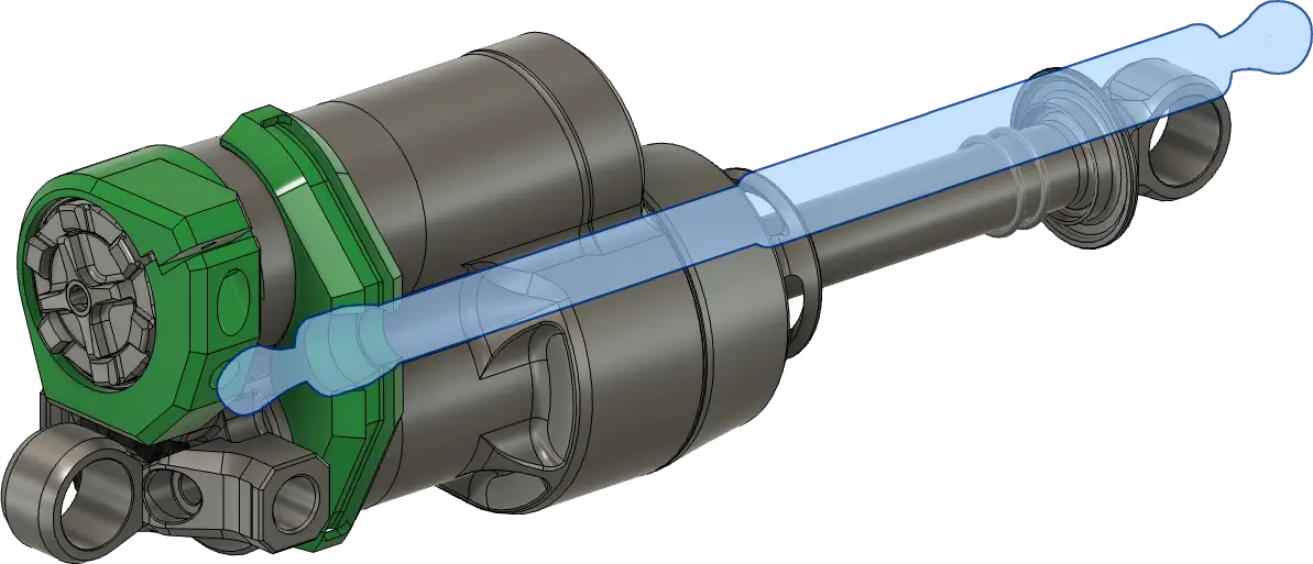 A CAD render of a custom BYB Telemetry sensor mounting for an Intend Hover rear shock absorber, with the 3D-printed brackets shown in green clamped around the shock body and the sensor drawn as a translucent overlay.