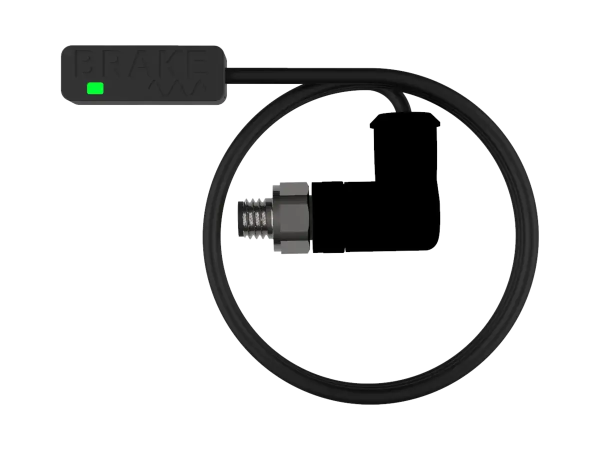 The same BYB Tech digital brake sensor with a V2 connector: the identical body and cable, ending instead in a right-angled plug with a knurled metal collar and a threaded screw-lock barrel.