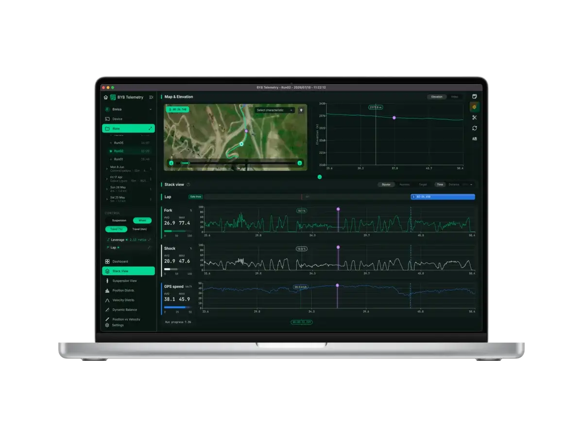 The BYB Telemetry desktop software open on a MacBook in dark mode, showing the stack view: fork, shock and GPS speed plotted against one recorded run, beside a satellite map of the track.