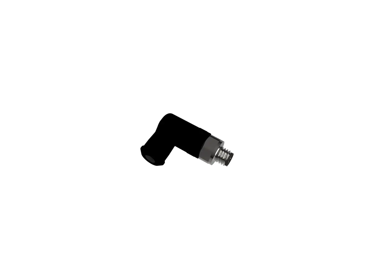 A BYB Tech V2 connector on its own: a right-angled black body ending in a knurled metal barrel with a threaded collar and pin contacts.