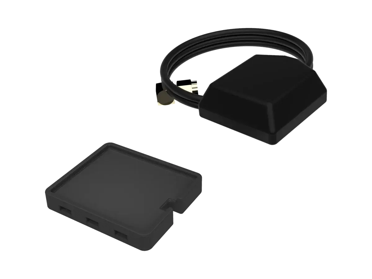The BYB Tech GPS antenna shown twice in one frame: the flat black patch from above with its cable coiled behind, and the same patch turned over to show the mounting face.