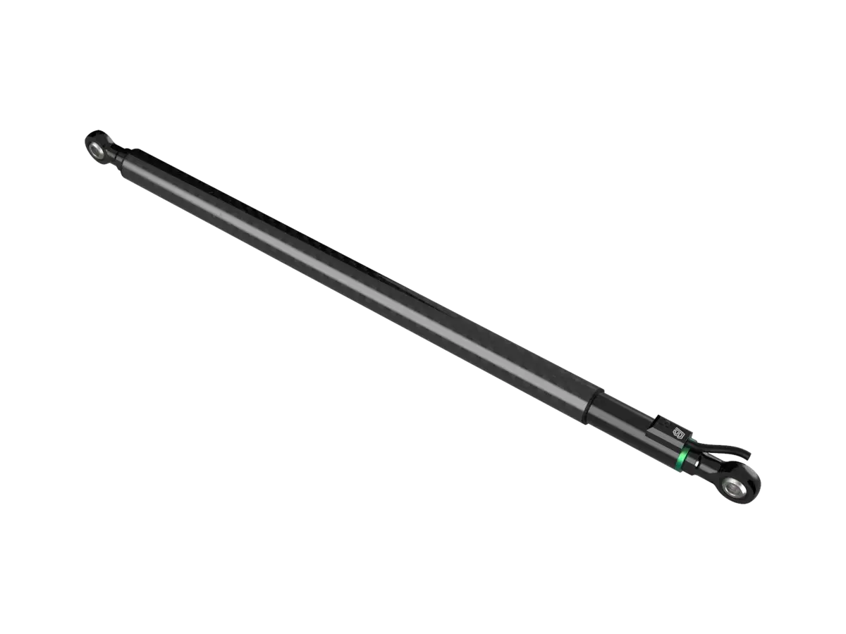 The same linear sensor from a second angle, showing the collar where the shaft enters the body and the cable leaving the far end.