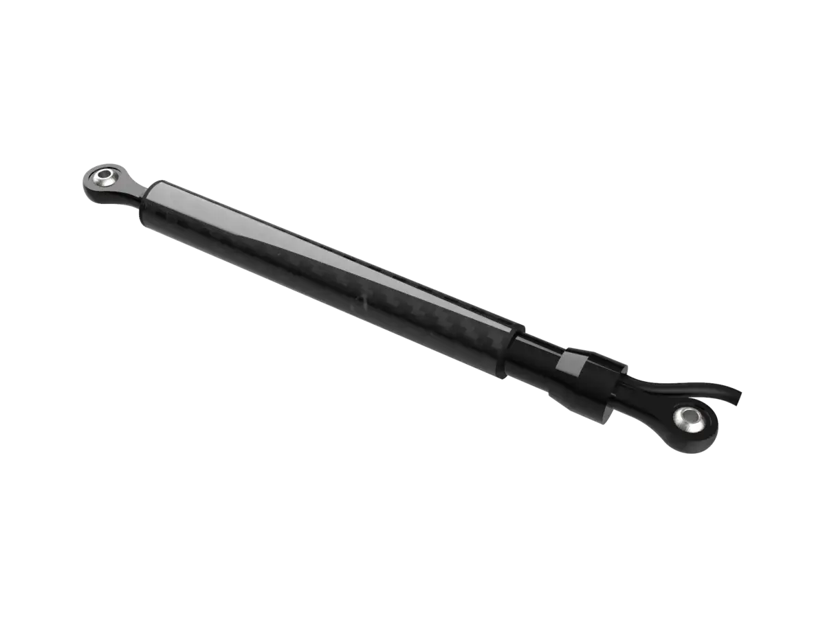 A BYB Tech linear sensor at an angle, full length: a carbon-wrapped body with a polished rod end at each mount, the smaller of the two body sizes.