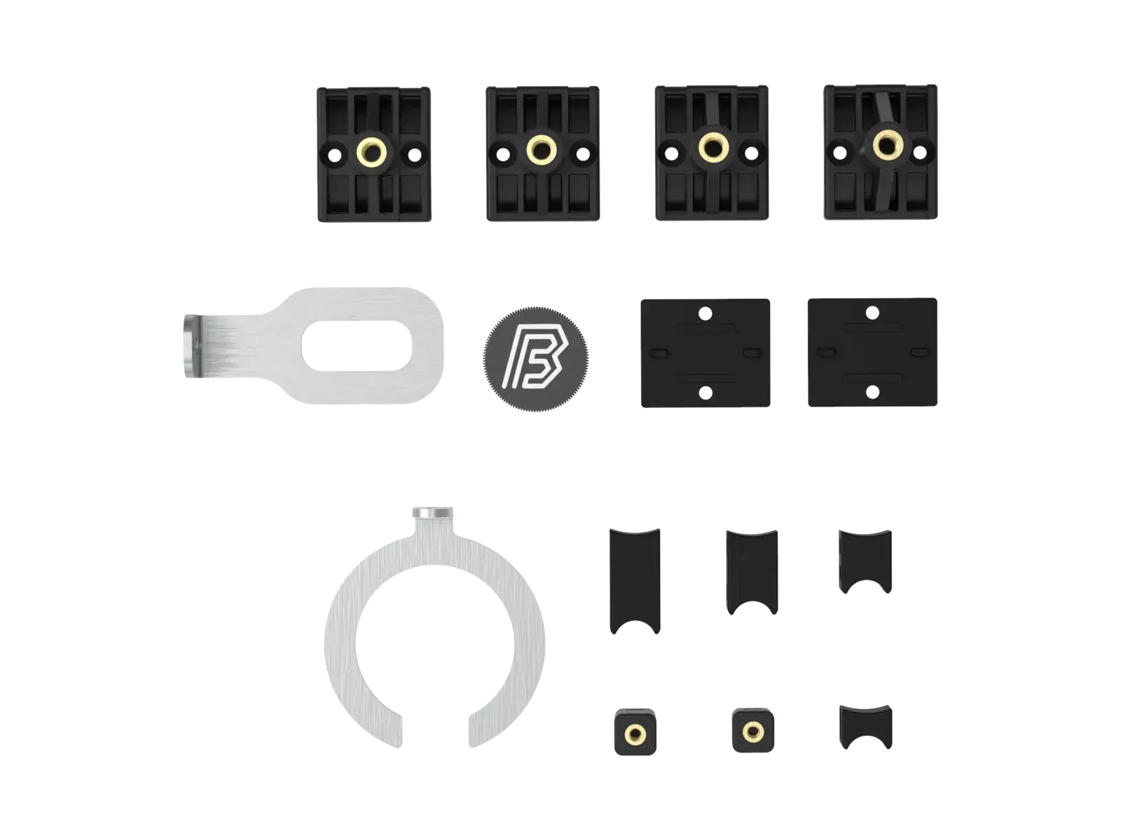 The MTB mountings full kit from a second angle, with the fork parts grouped above and the shock parts below.