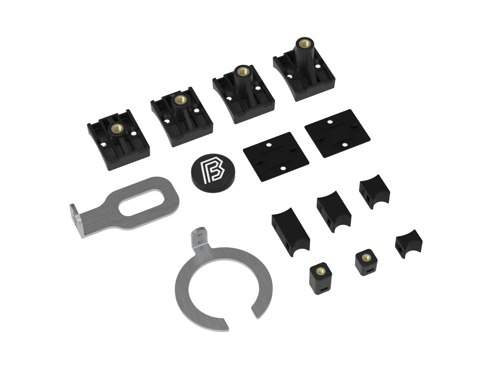The MTB mountings full kit from a third angle, the curved shock shims and threaded blocks brought to the front of the group.