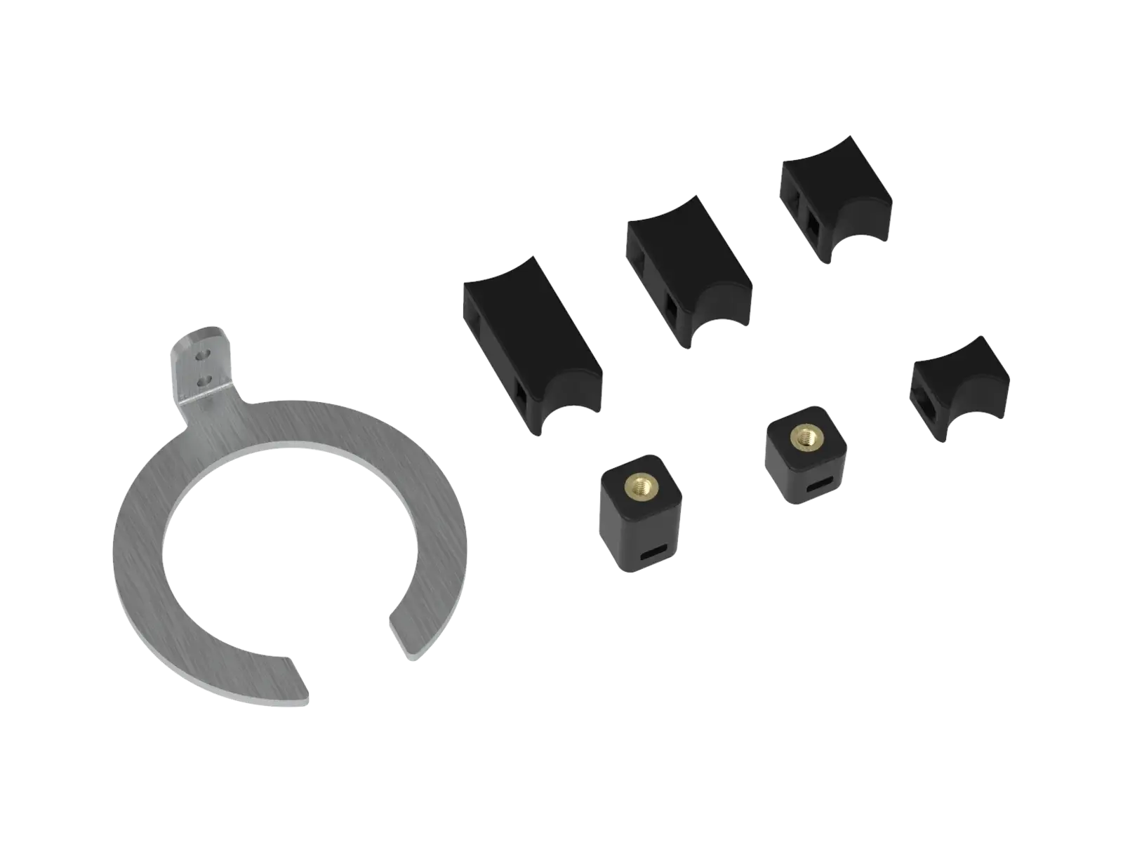 The MTB shock mounting kit from a third angle, the threaded blocks and shims arranged in size order.