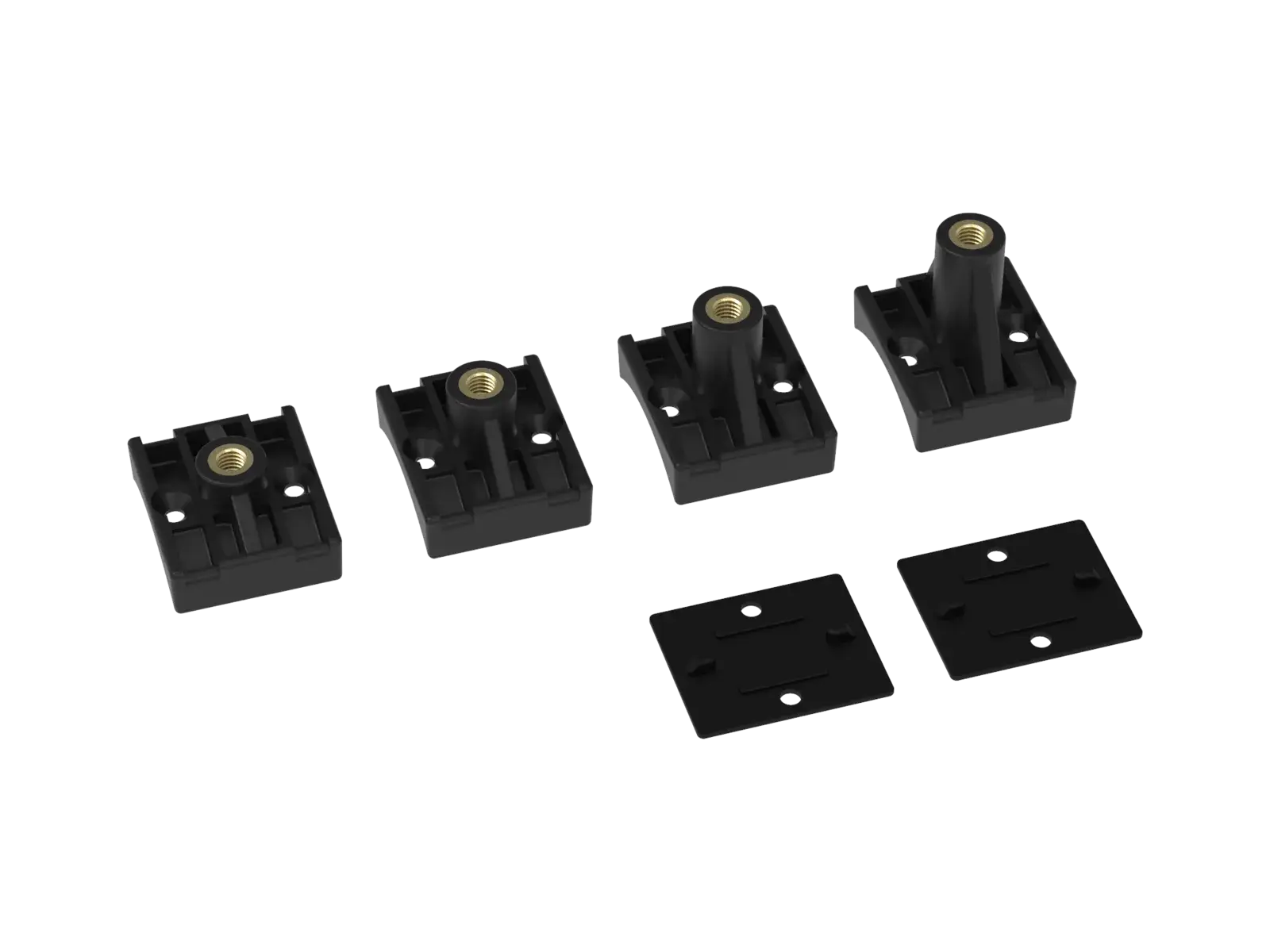 The same four MX fork mounting blocks at a three-quarter angle, where the threaded post is visibly taller on each successive block.