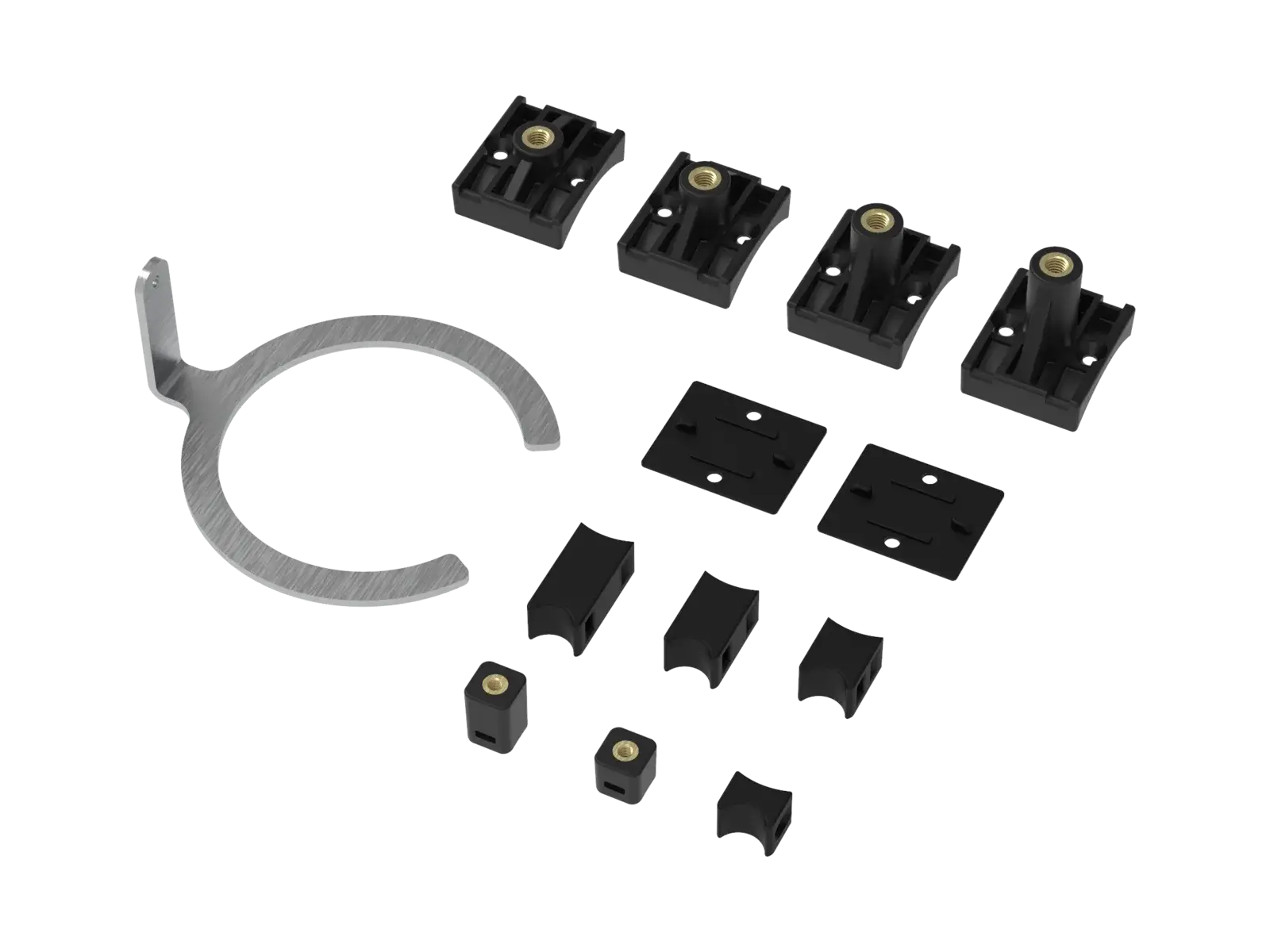 The MX mountings full kit from a third angle, the C-shaped steel shock bracket and the curved shims brought forward.