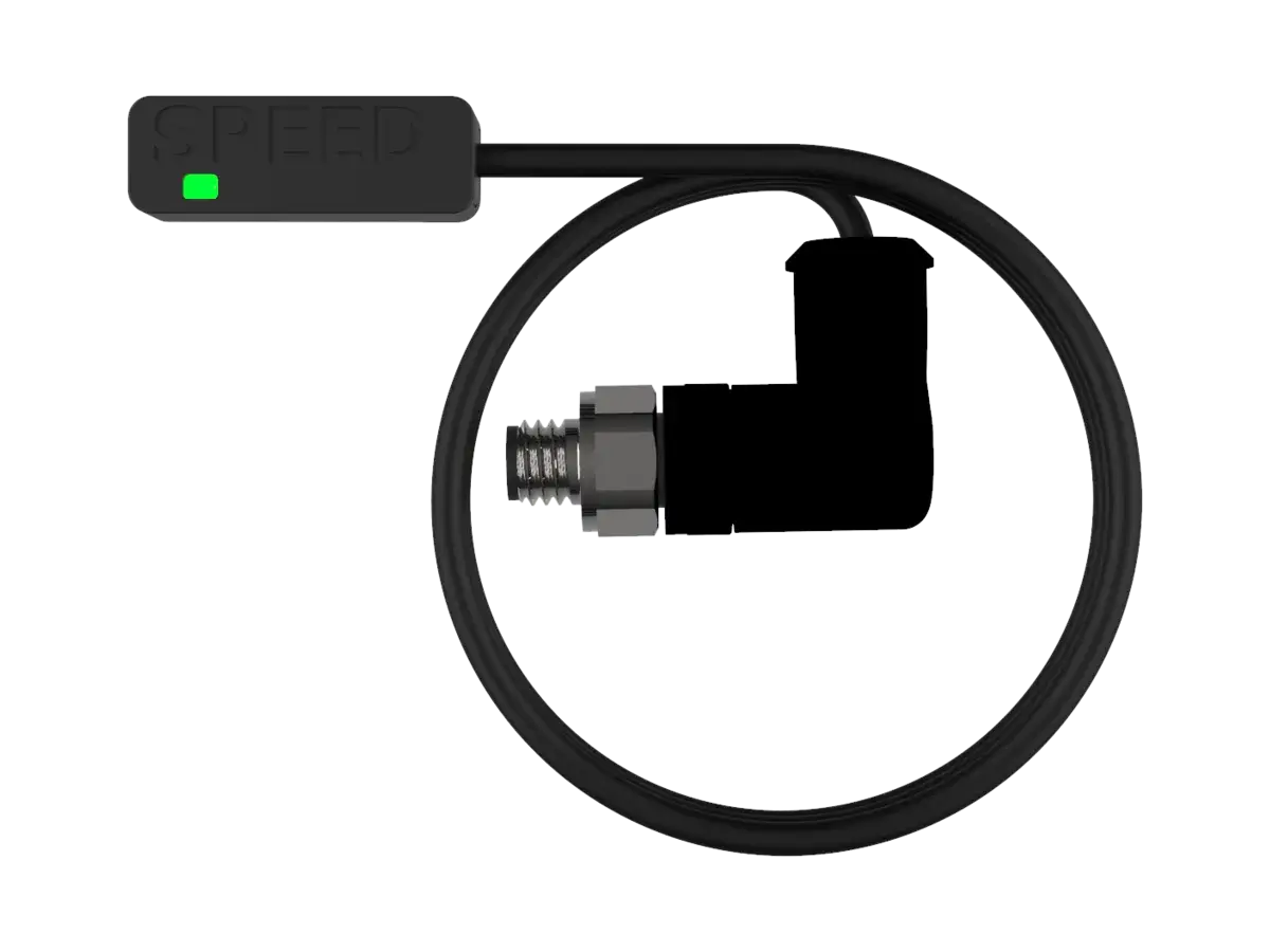 The same BYB Tech speed sensor with a V2 connector: the identical body and cable, ending instead in a right-angled plug with a knurled metal collar and a threaded screw-lock barrel.