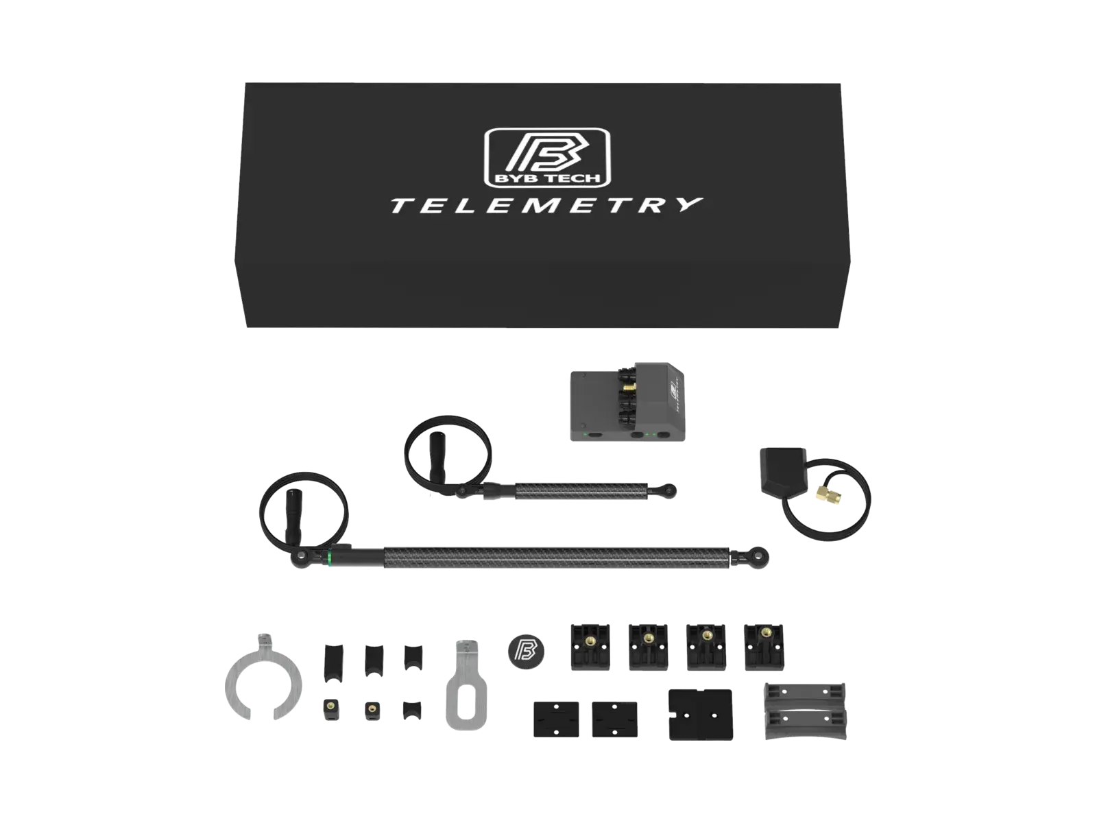 The Telemetry V3 MTB kit laid out flat: the printed BYB Tech Telemetry case, a long and a short linear sensor, the acquisition unit's cradle, and the fork and shock brackets, shims and fasteners that fit a mountain bike.