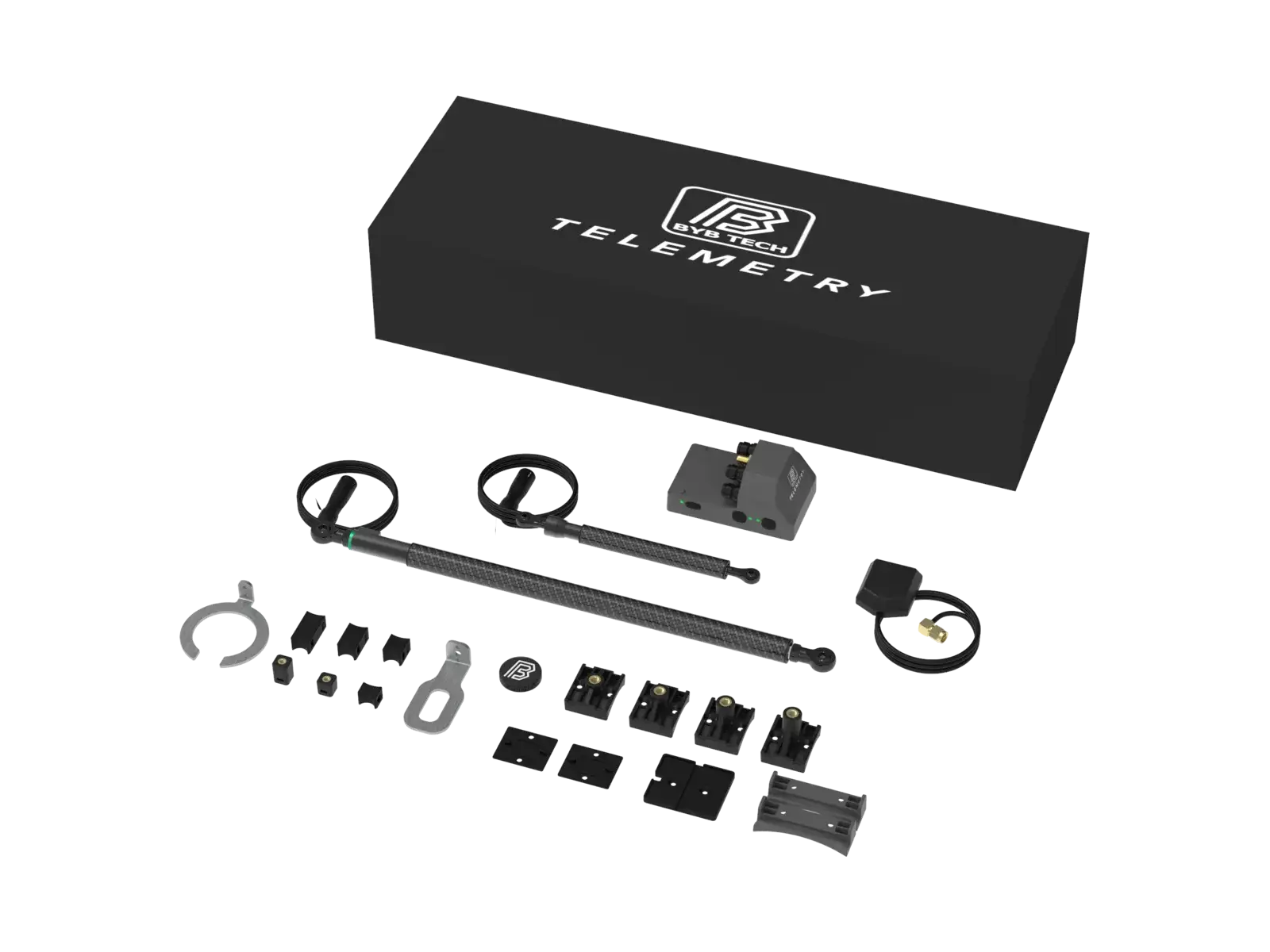 The Telemetry V3 MTB kit from a second angle, the mounting hardware spread below the sensors.