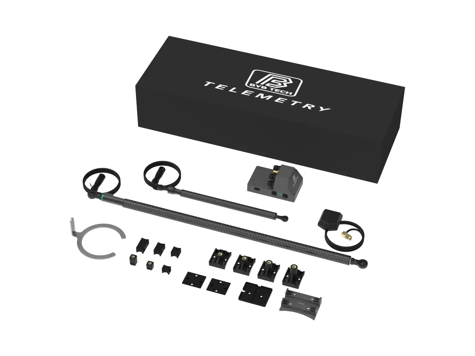 The Telemetry V3 MX kit from a second angle, with the brackets and fasteners laid out in rows.