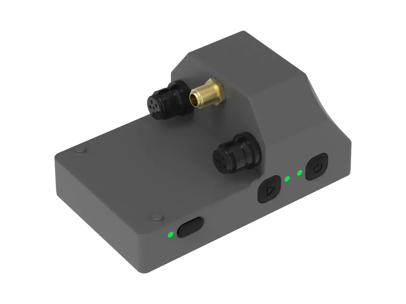 The Telemetry V3 acquisition unit: the same wedge-shaped body as the Pro but with a smaller connector bank — two circular screw-lock sensor connectors beside a gold coaxial antenna socket — a triangular record button, a power button and green status lights.