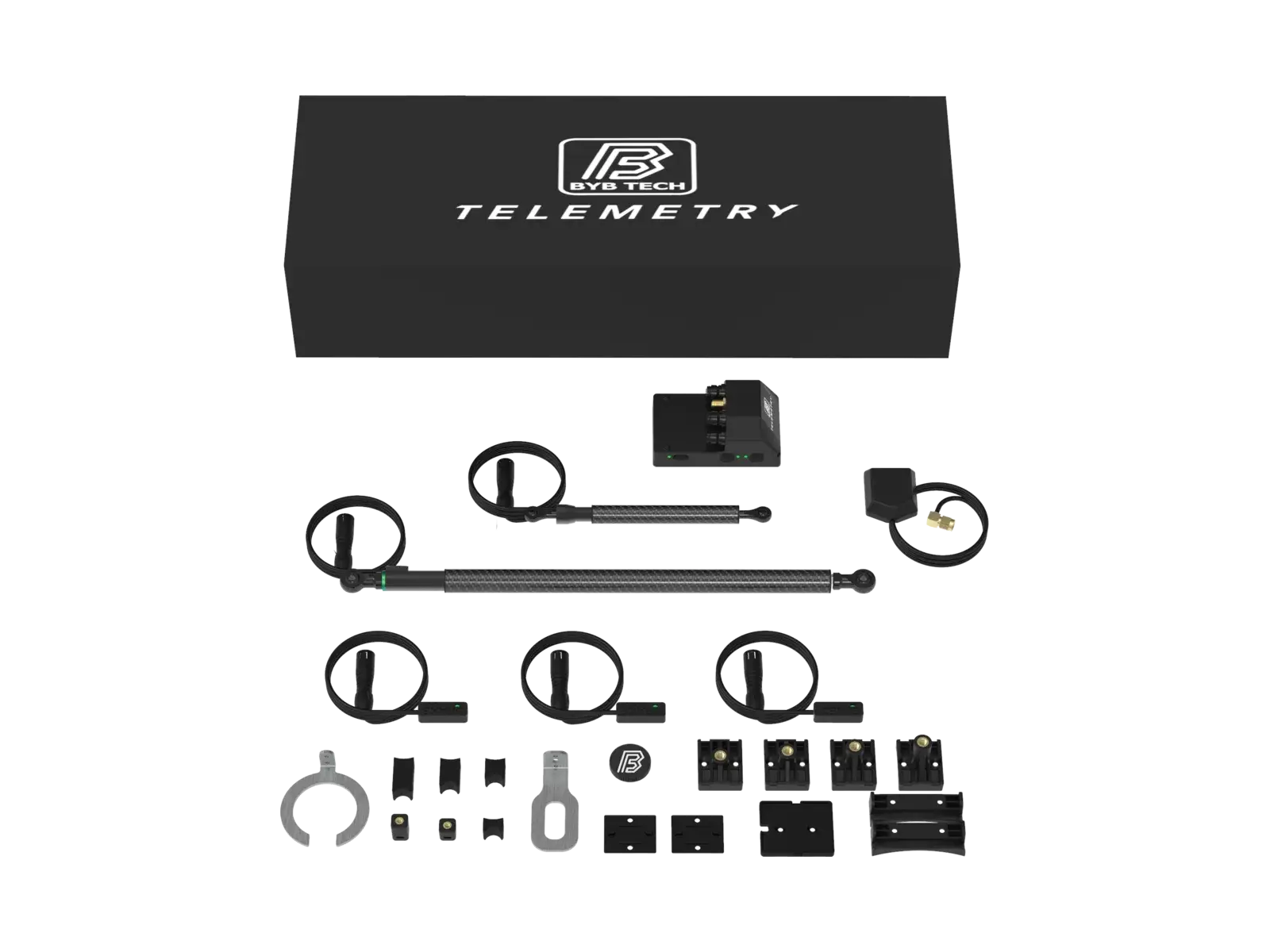 The Telemetry V3 Pro MTB kit laid out flat: the printed BYB Tech Telemetry case, a long and a short linear sensor, the acquisition unit's cradle, a GPS antenna, and the fork and shock brackets, shims and fasteners that fit a mountain bike.