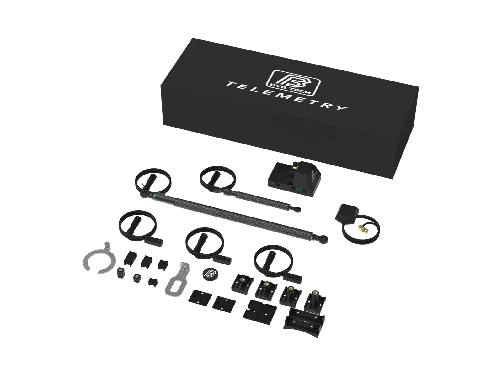 The Telemetry V3 Pro MTB kit from a second angle, with the mounting hardware spread out below the two sensors.