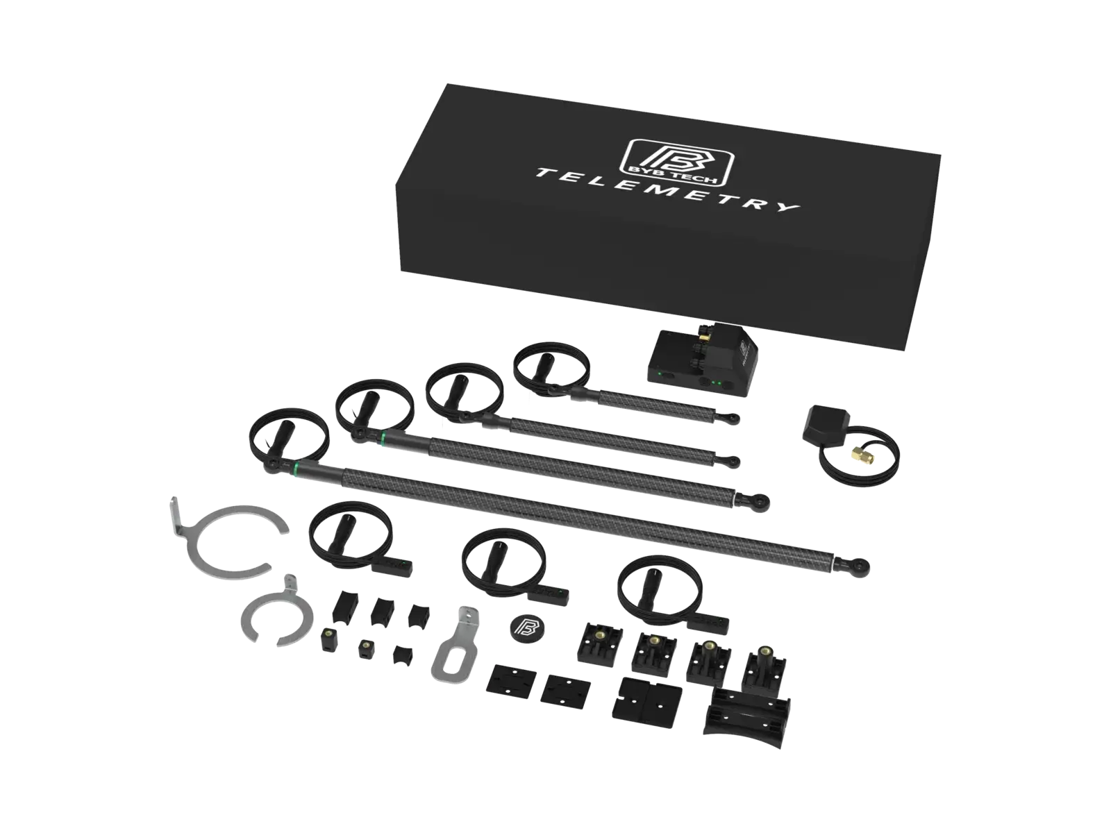 The same Telemetry V3 Pro MTB-MX kit from a three-quarter angle, the sensors and brackets laid out so the carbon bodies and the smaller spacers and fasteners read separately.