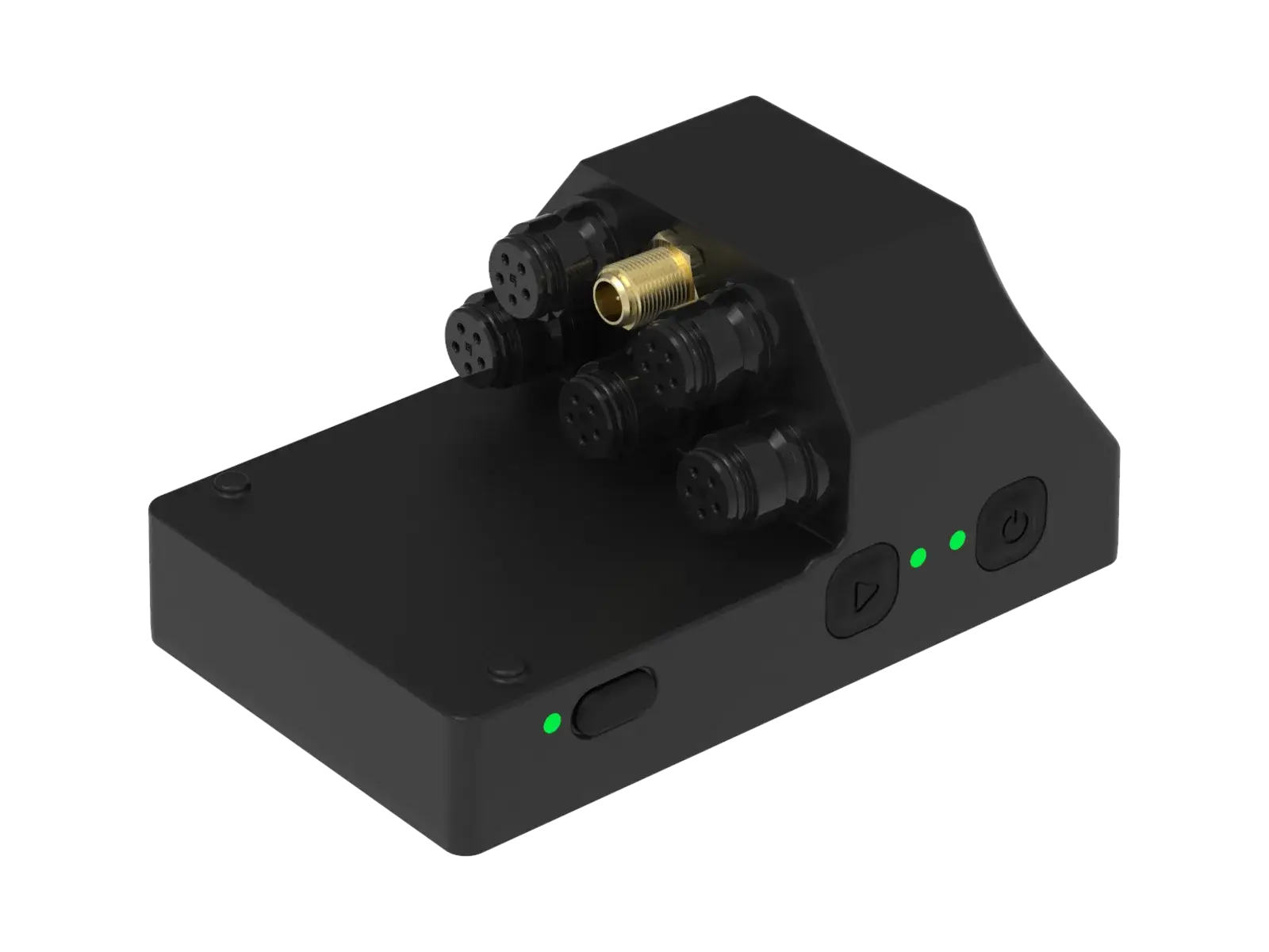 The Telemetry V3 Pro acquisition unit: a wedge-shaped black body with a bank of circular screw-lock sensor connectors around a gold coaxial antenna socket, a triangular record button, a power button and green status lights.