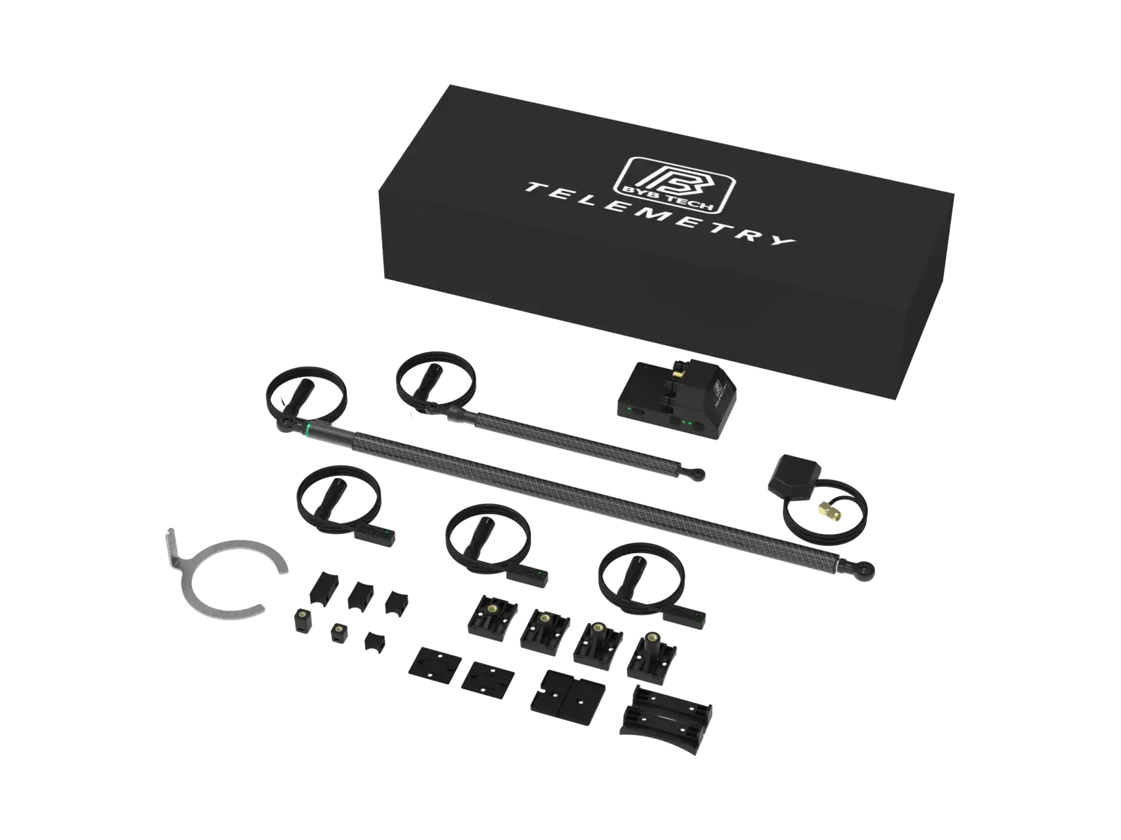The Telemetry V3 Pro MX kit from a second angle, the brackets and fasteners laid out in rows beneath the sensors.