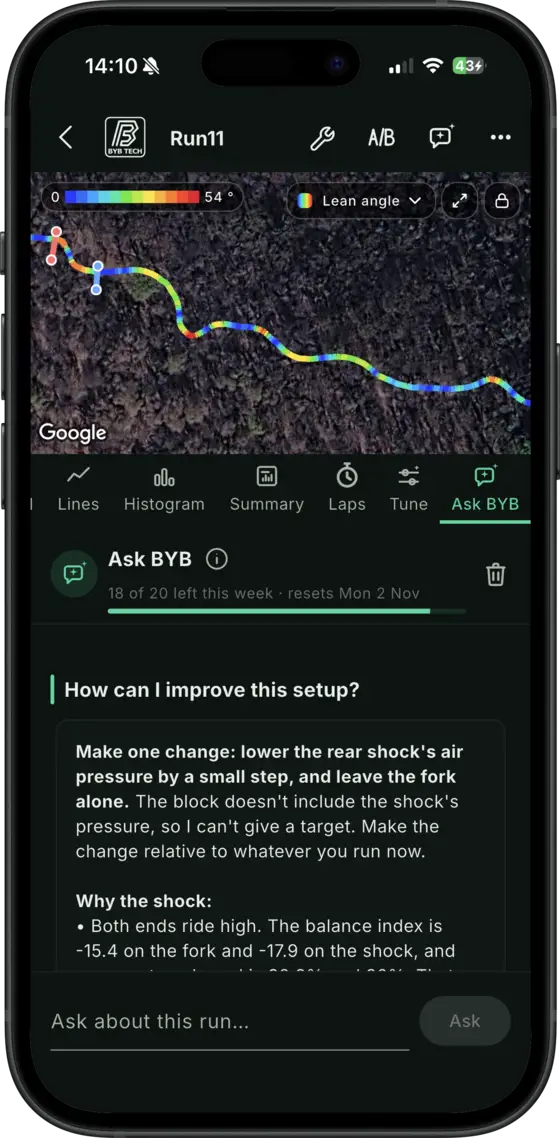 The BYB Telemetry app's Ask BYB tab on one run: the trail coloured by lean angle, the question “How can I improve this setup?” and an answer recommending one change to the rear shock's air pressure, with its reasons, above a box to ask about the run.