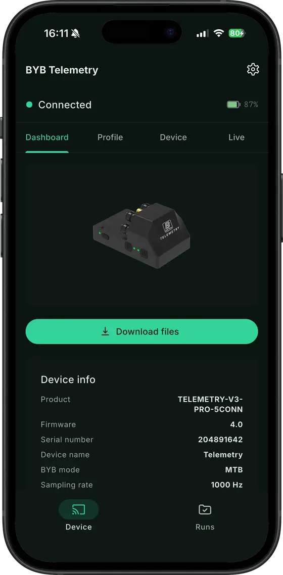 The BYB Telemetry app connected to a Telemetry V3 Pro acquisition unit, listing its firmware, serial number, mode and 1000 Hz sampling rate above a download button.
